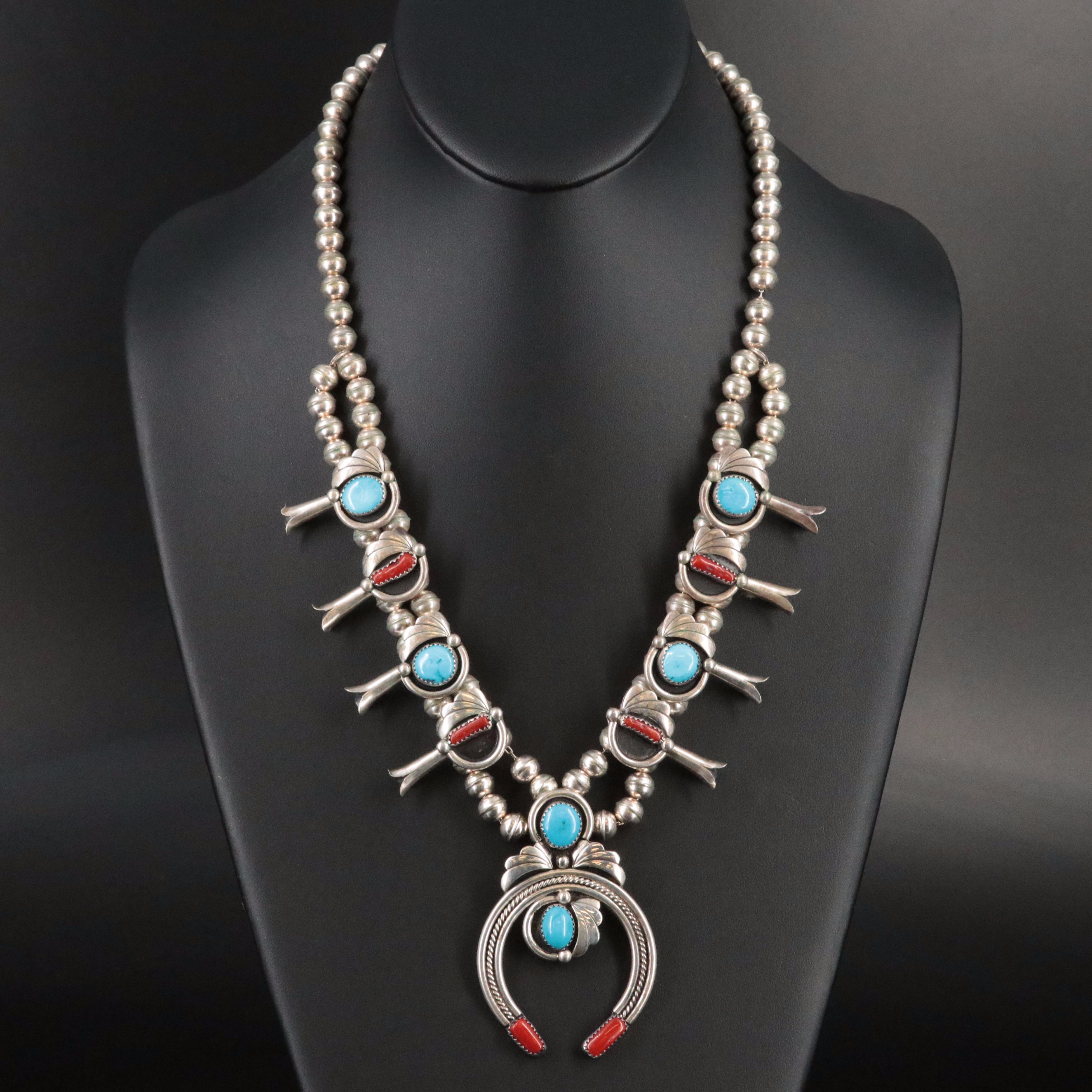 Western Quoc Turquoise Sterling Coral and Turquoise Squash Blossom Necklace