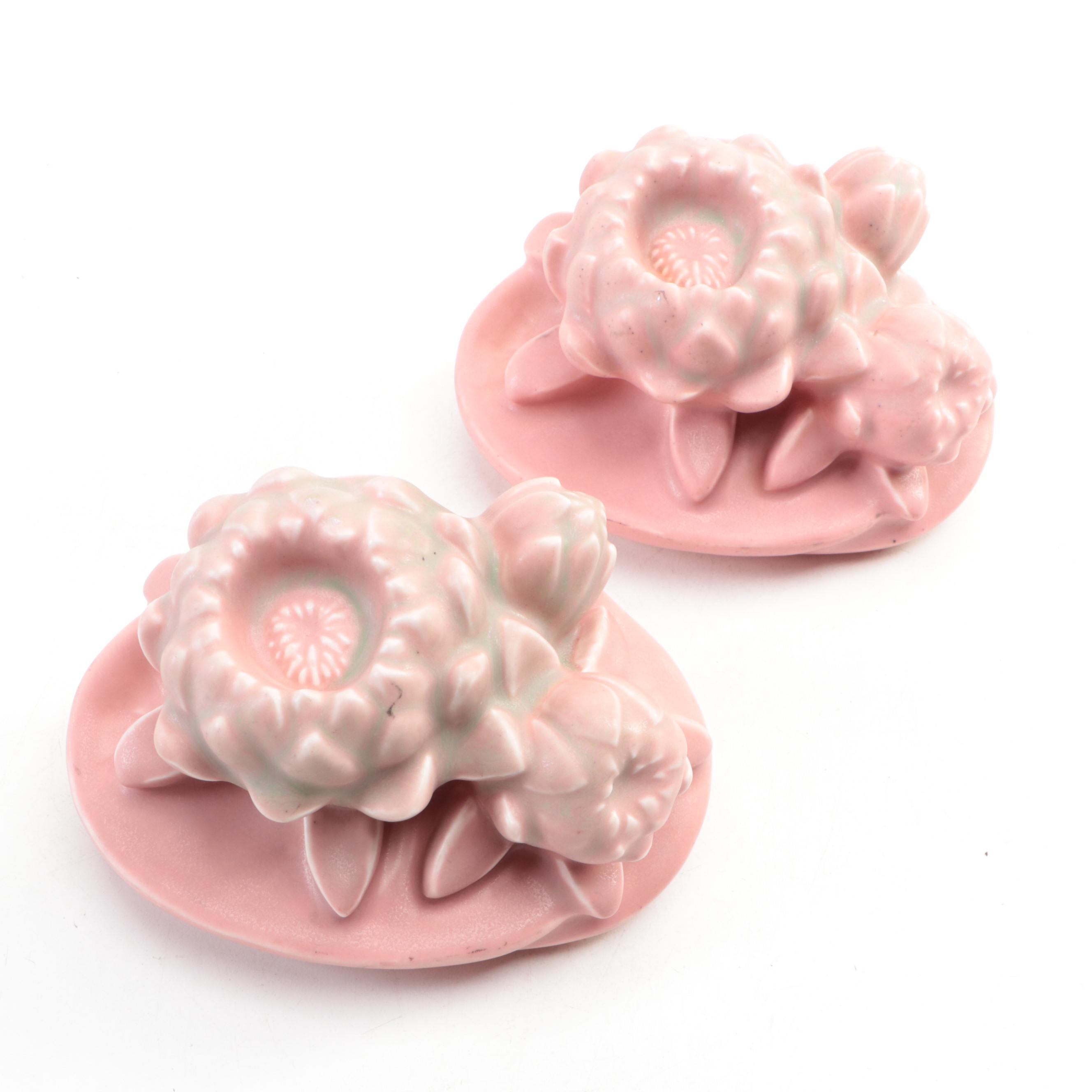 Rookwood Pottery Matte Pink Glazed Ceramic Water Lilly Bookends, 1929