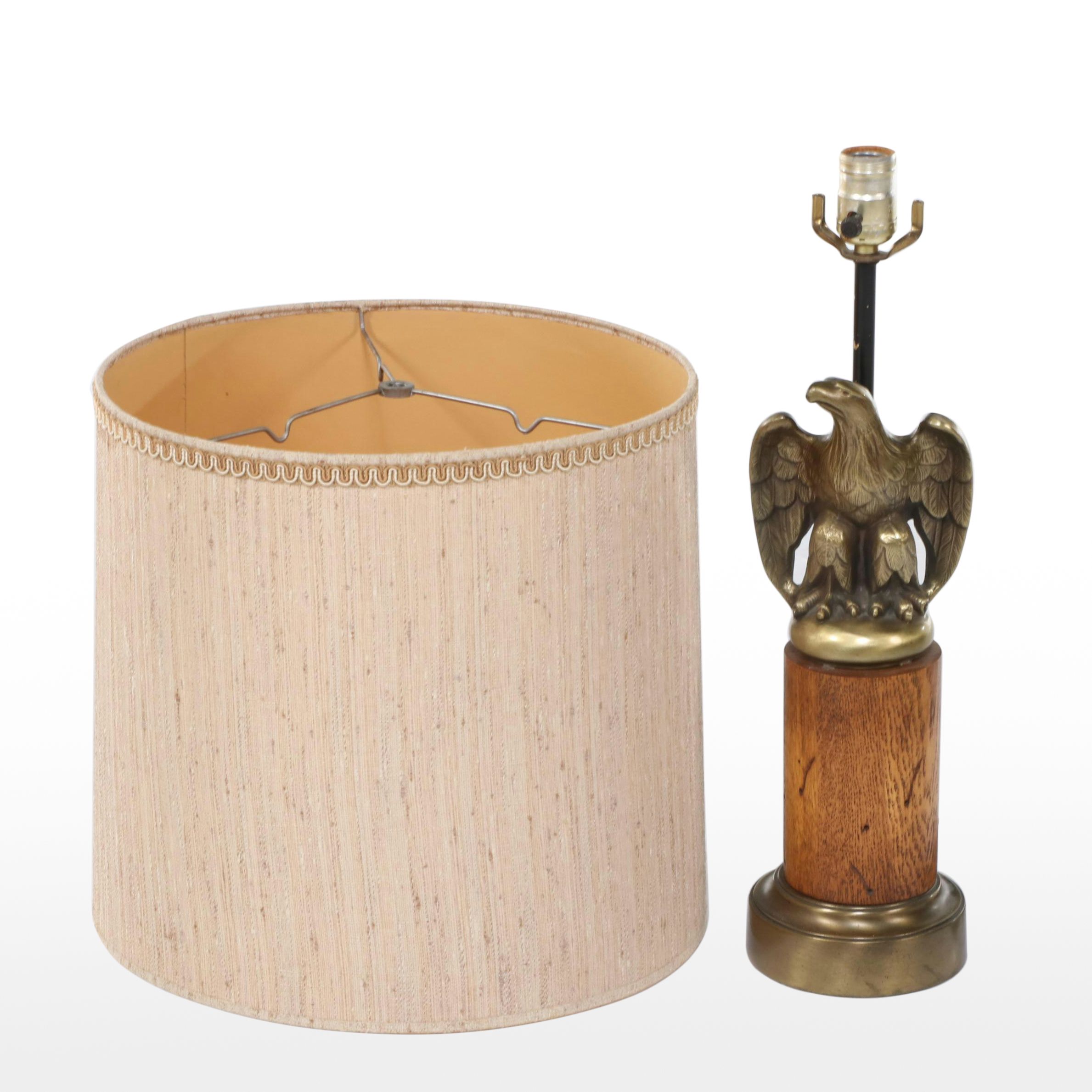 Westwood Carved Oak with Brass Eagle Table Lamp and Drum Shade, Mid-20th Century
