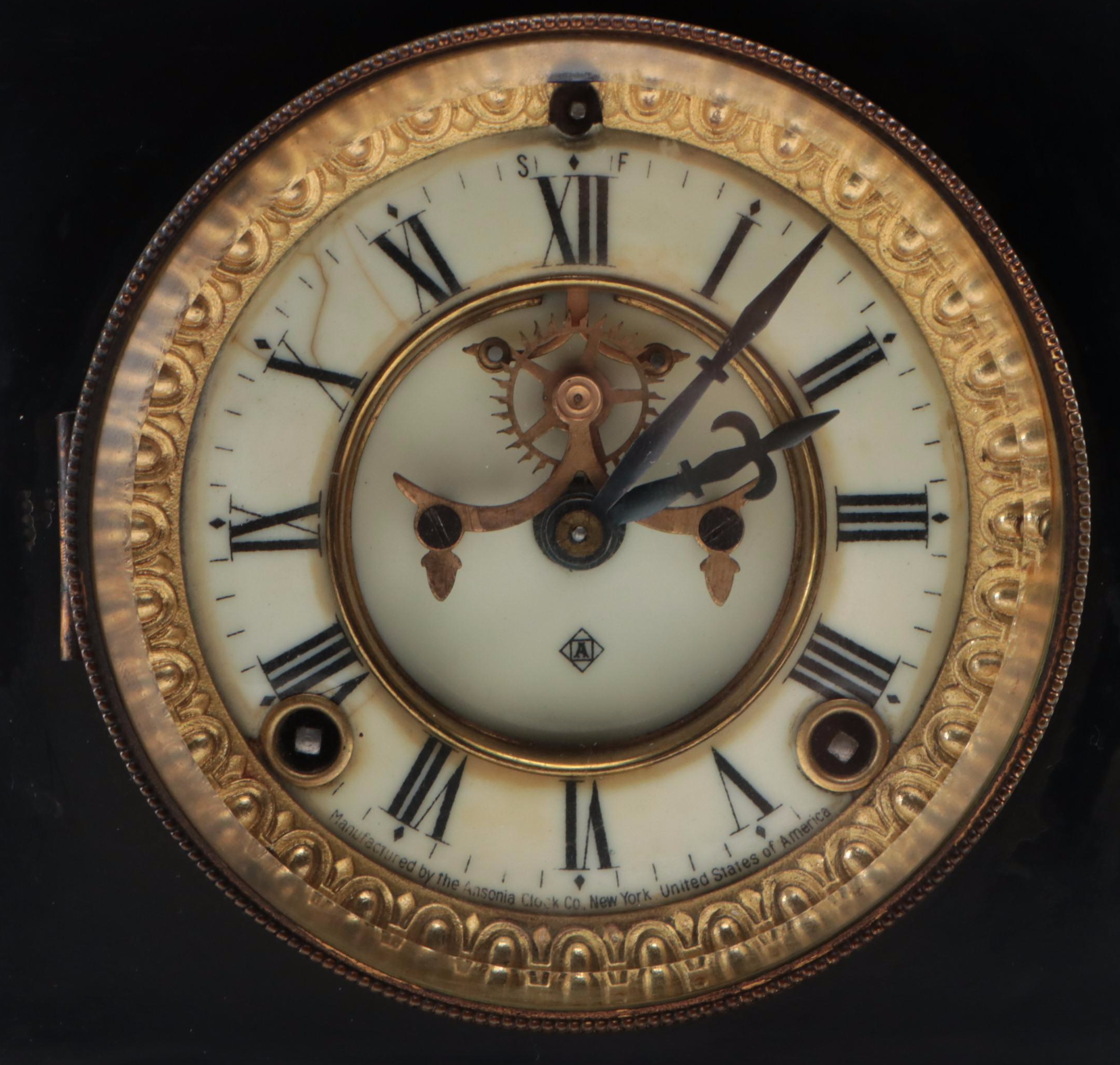 Ansonia "Loire" Enameled Iron Pillar Mantel Clock, Late 19th Century