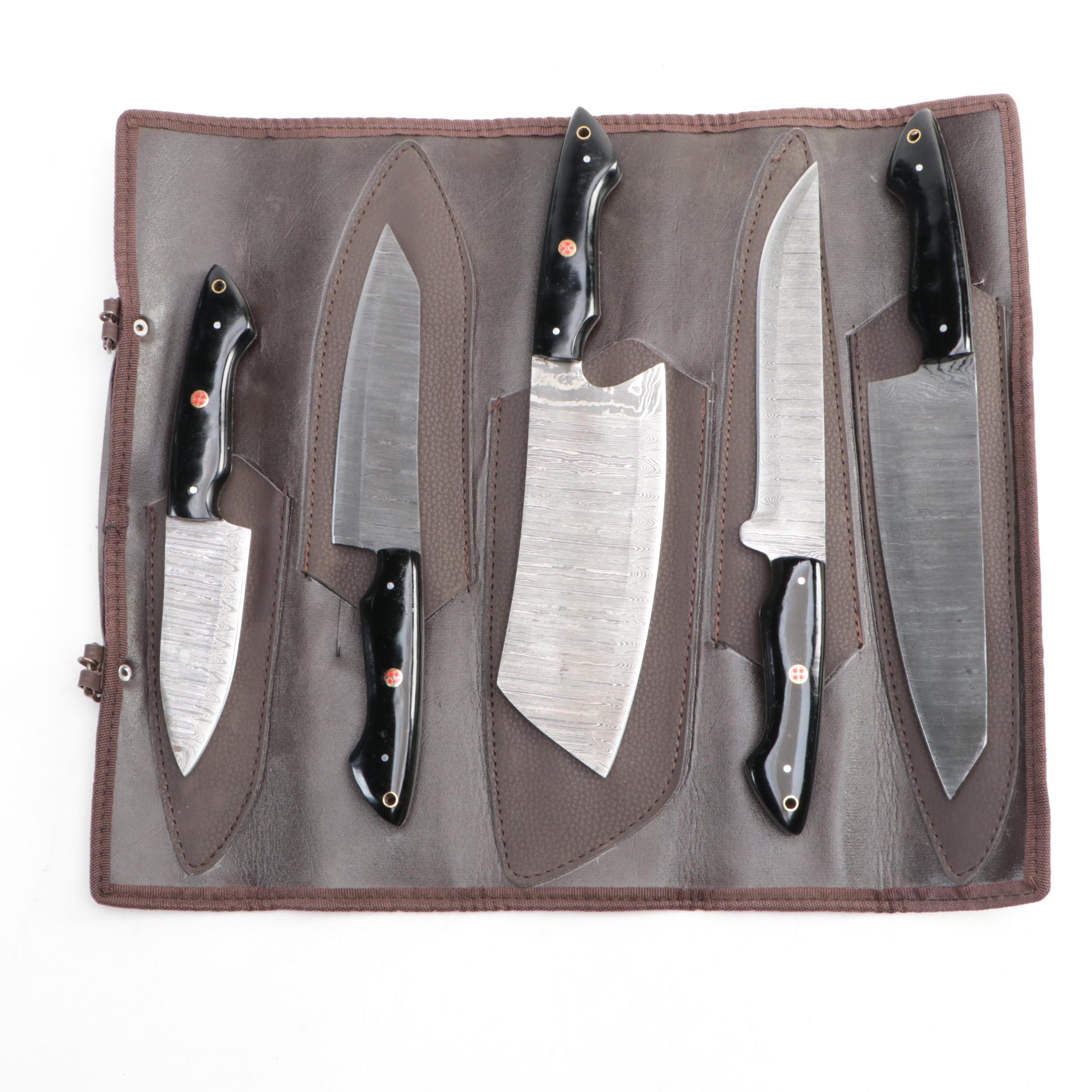 Louis Martin Damascus Steel Chef's Knife Set with Leather Roll