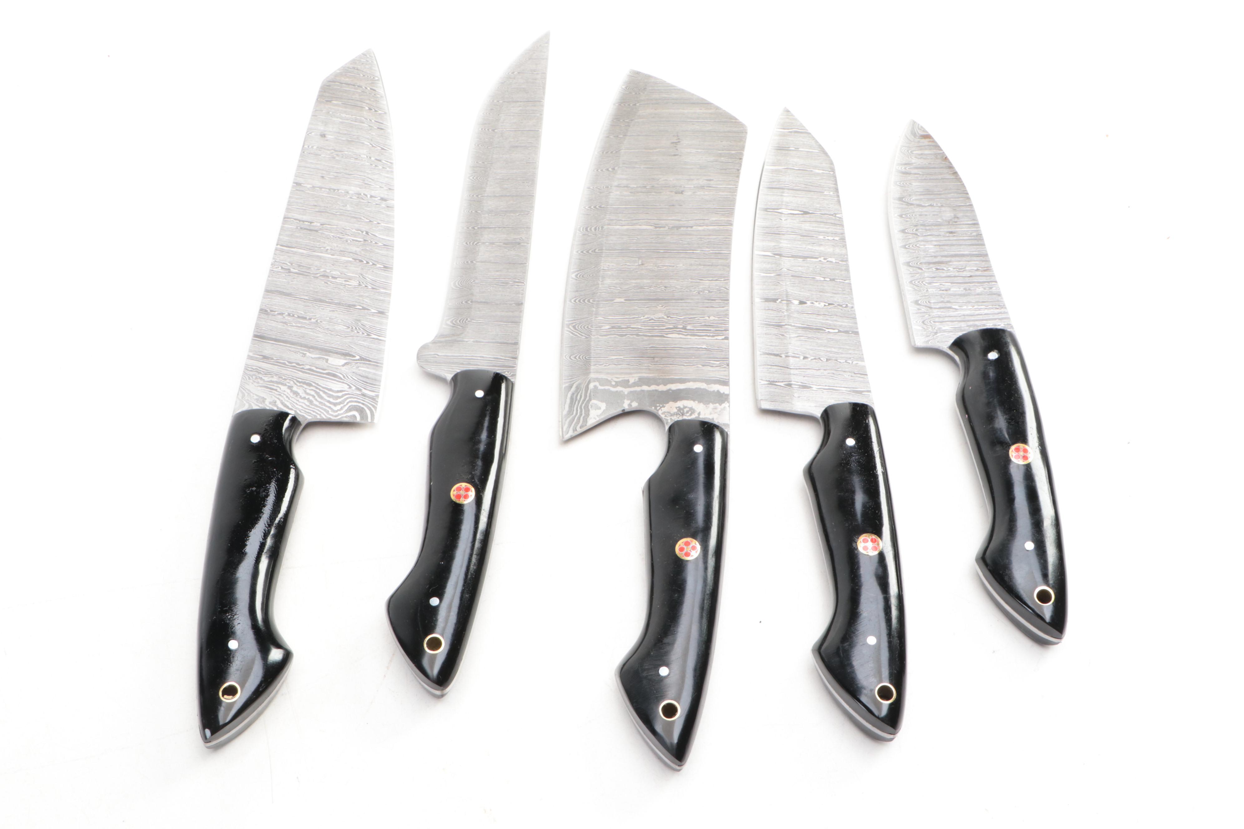 Louis Martin Damascus Steel Chef's Knife Set with Leather Roll