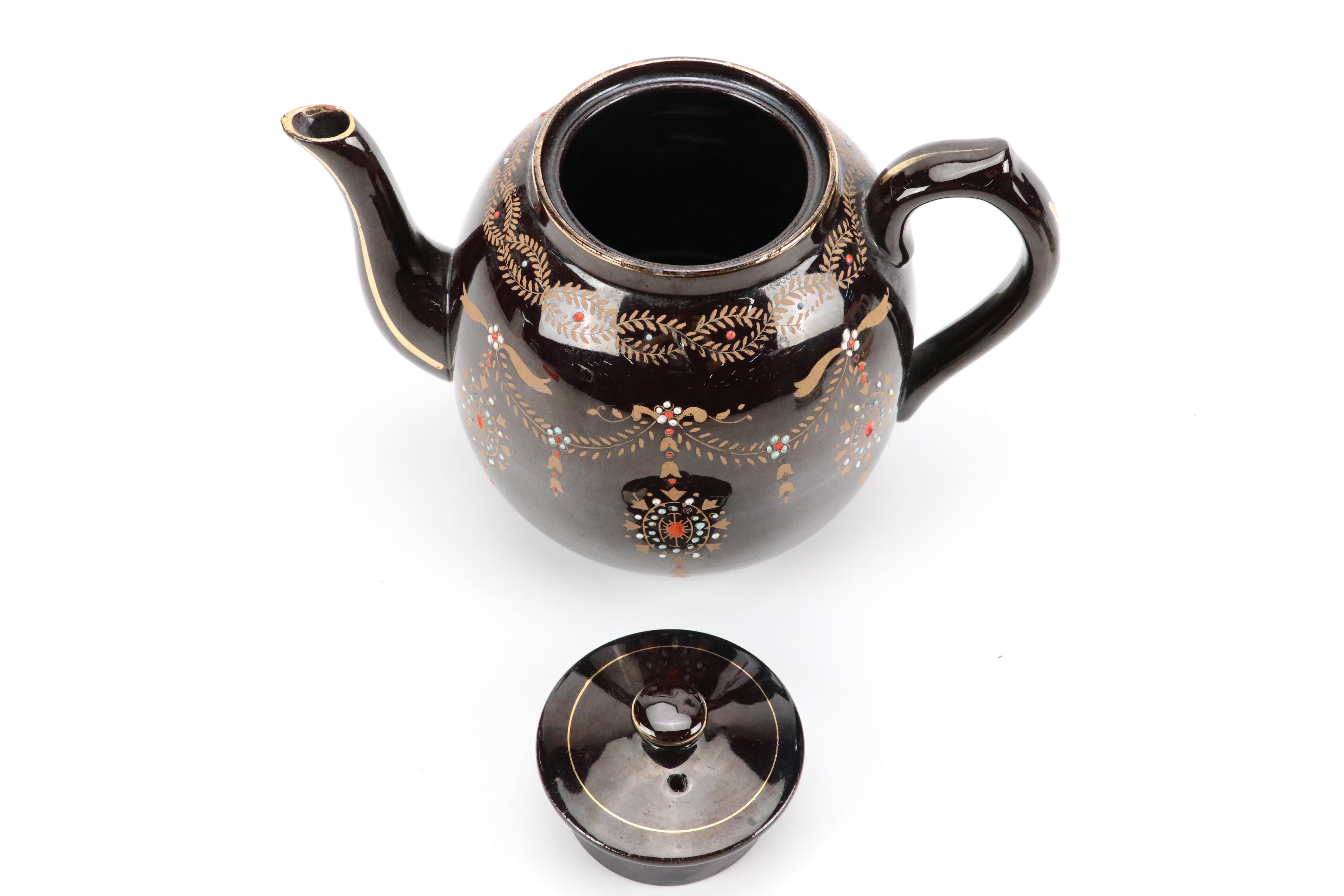 English Brown Betty Teapot with Moriage Accents with Souvenir Steins and Dishes