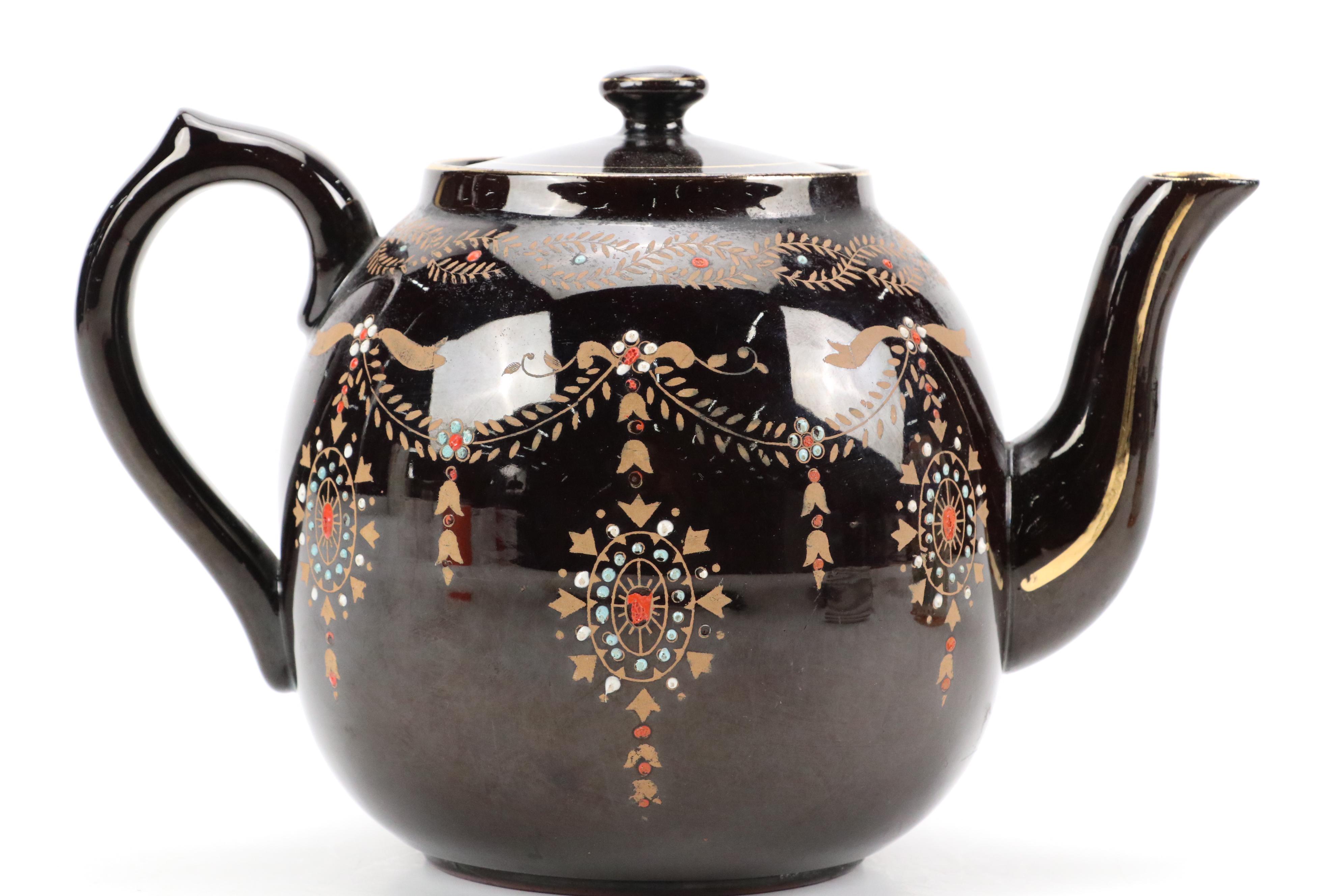 English Brown Betty Teapot with Moriage Accents with Souvenir Steins and Dishes