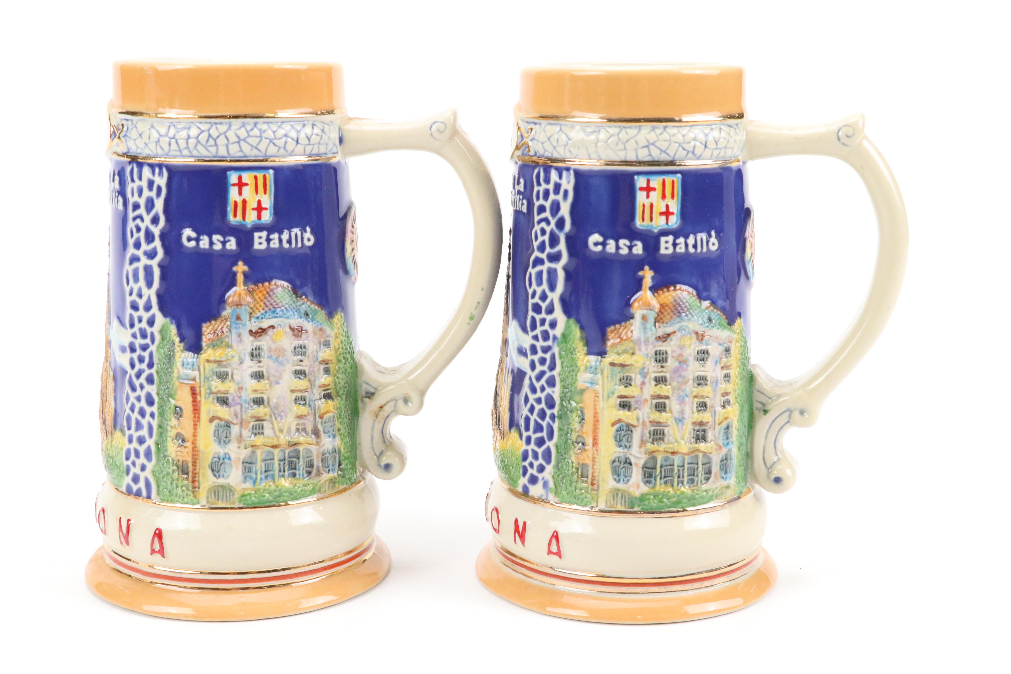 English Brown Betty Teapot with Moriage Accents with Souvenir Steins and Dishes