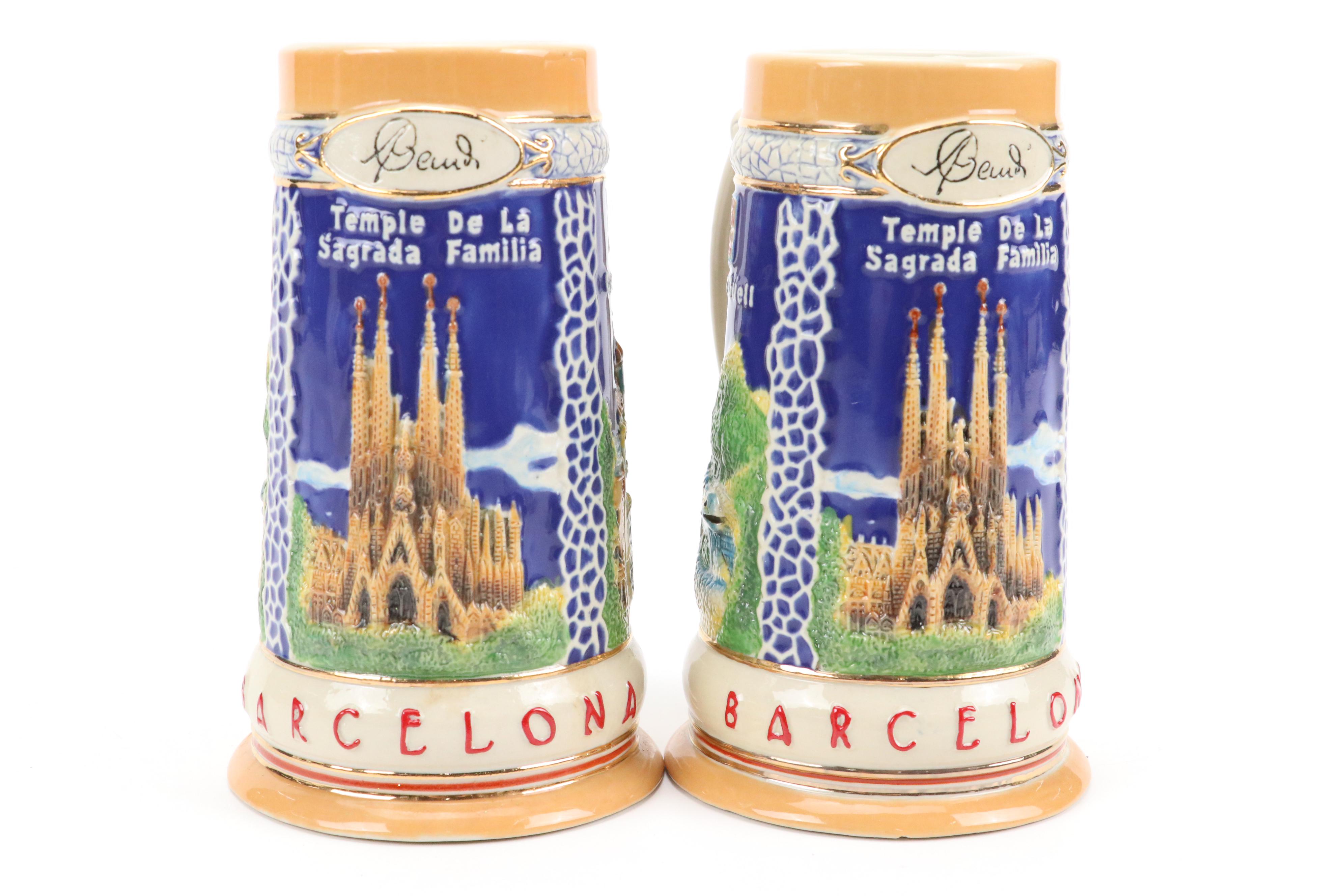 English Brown Betty Teapot with Moriage Accents with Souvenir Steins and Dishes