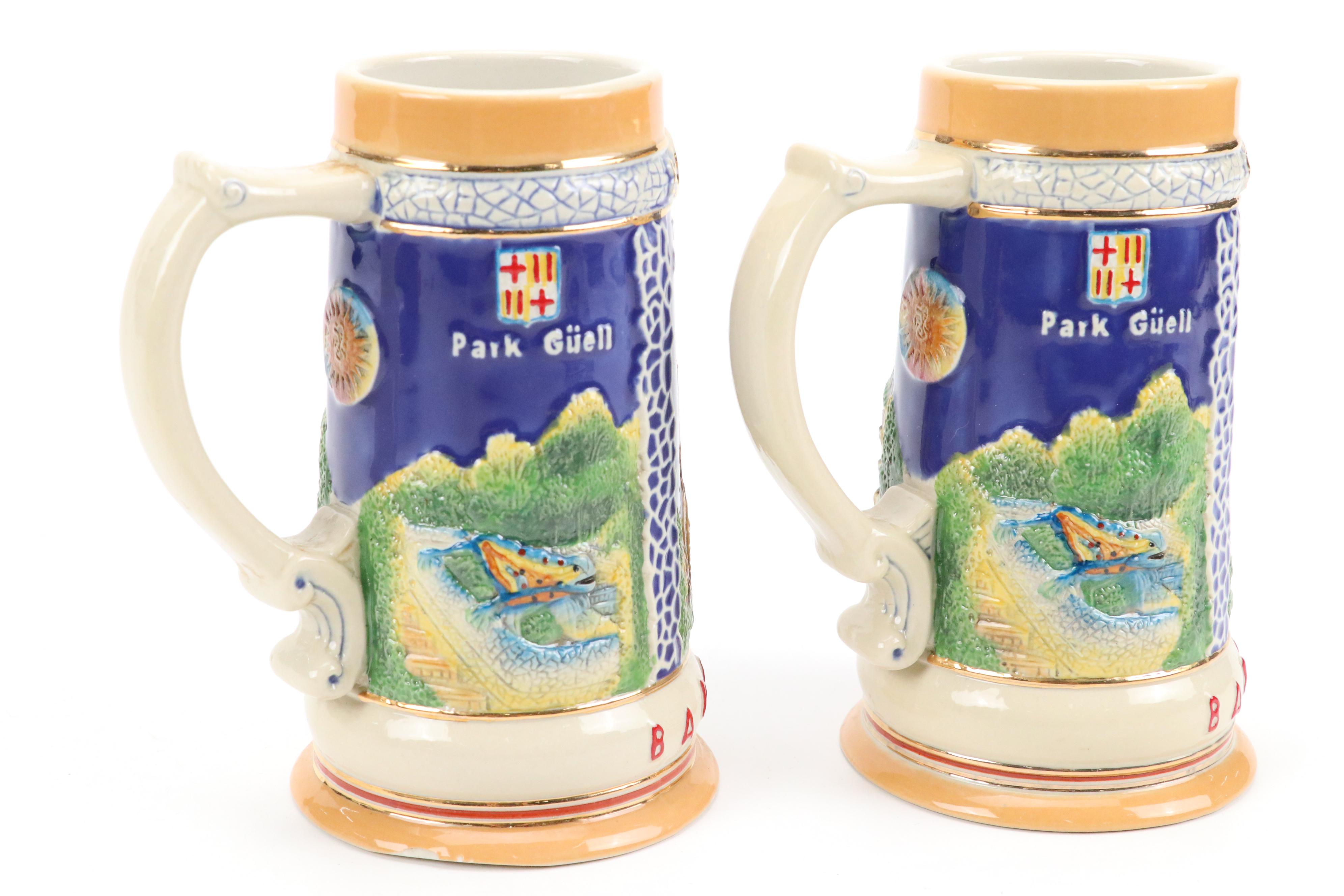 English Brown Betty Teapot with Moriage Accents with Souvenir Steins and Dishes