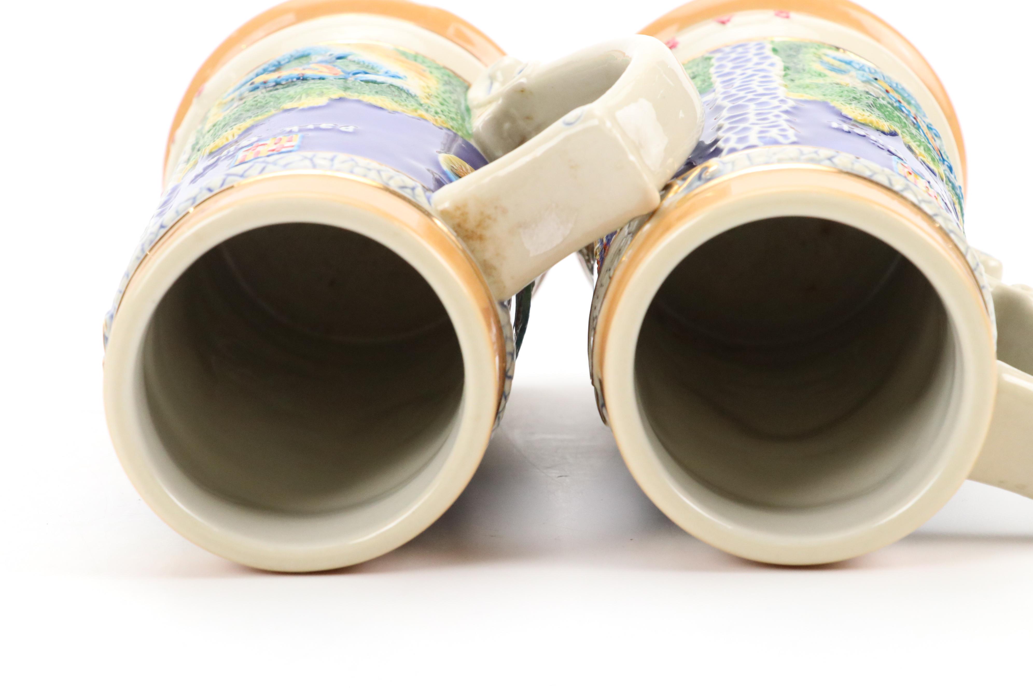 English Brown Betty Teapot with Moriage Accents with Souvenir Steins and Dishes