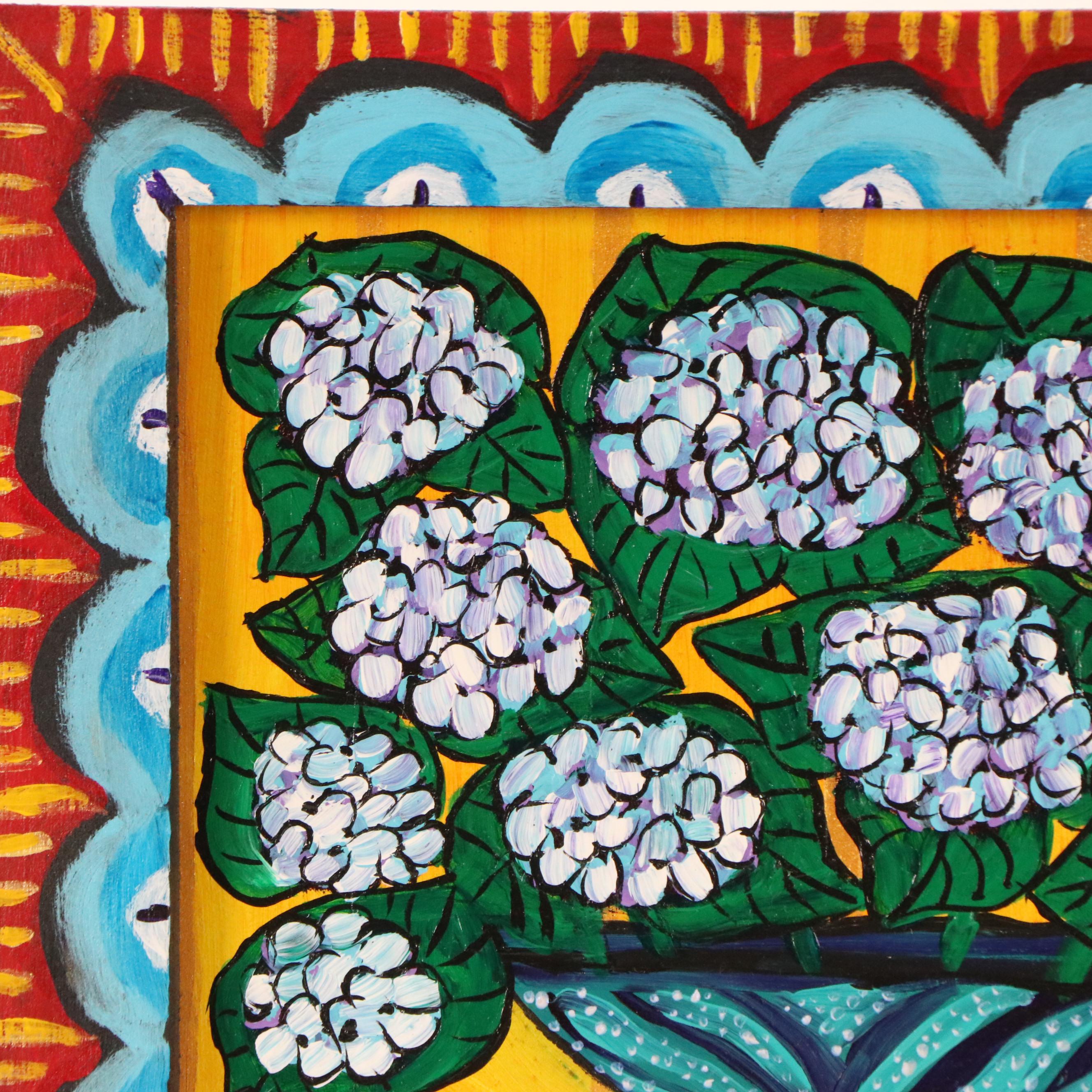 Sarah Rakes Folk Still Life Acrylic Painting "Hydrangeas in a Yellow Room," 2015