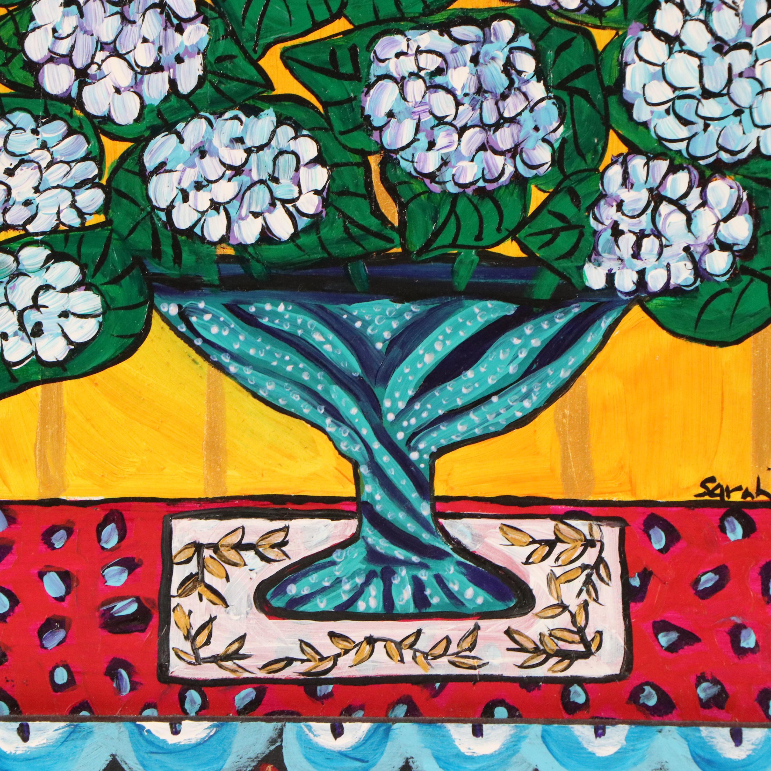 Sarah Rakes Folk Still Life Acrylic Painting "Hydrangeas in a Yellow Room," 2015