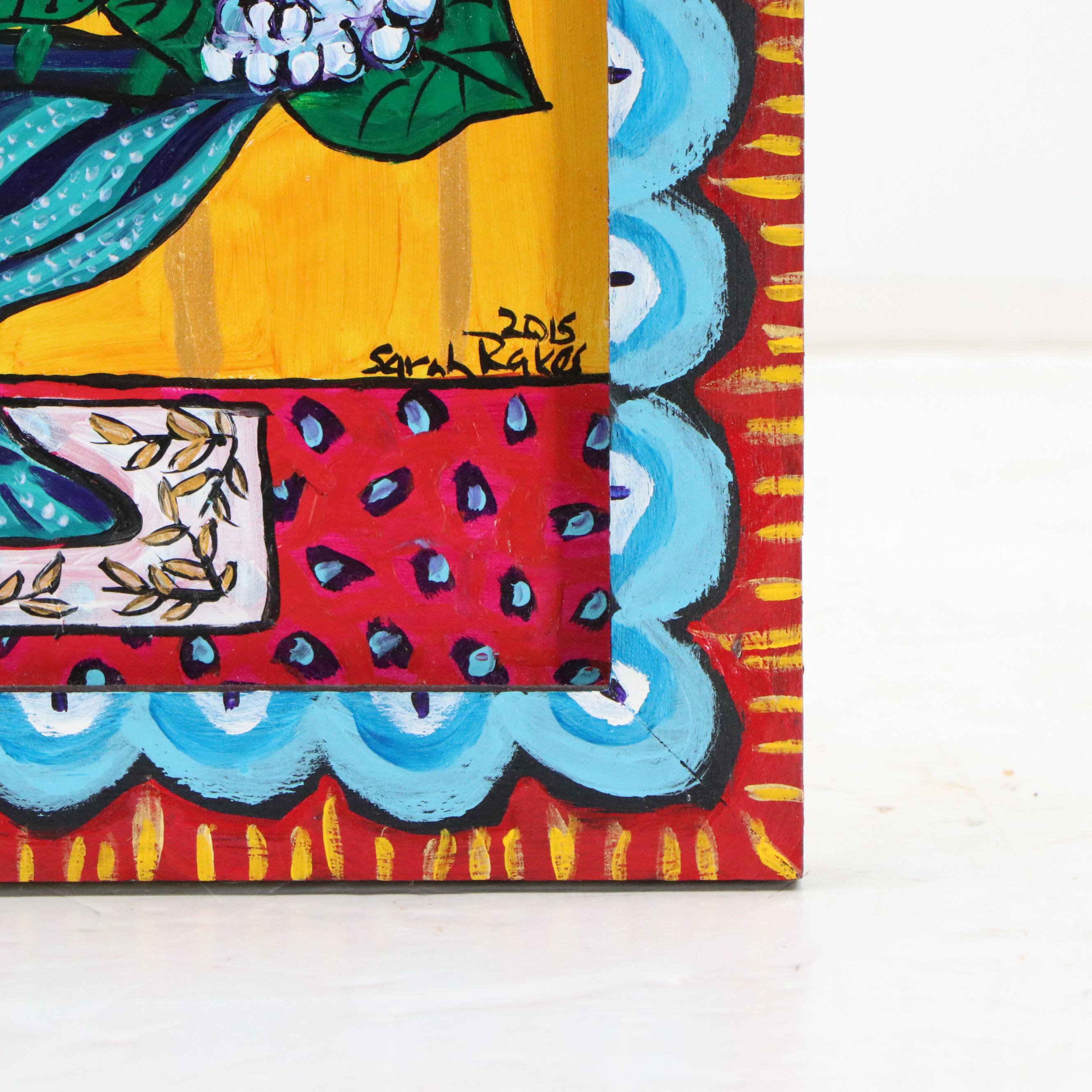 Sarah Rakes Folk Still Life Acrylic Painting "Hydrangeas in a Yellow Room," 2015