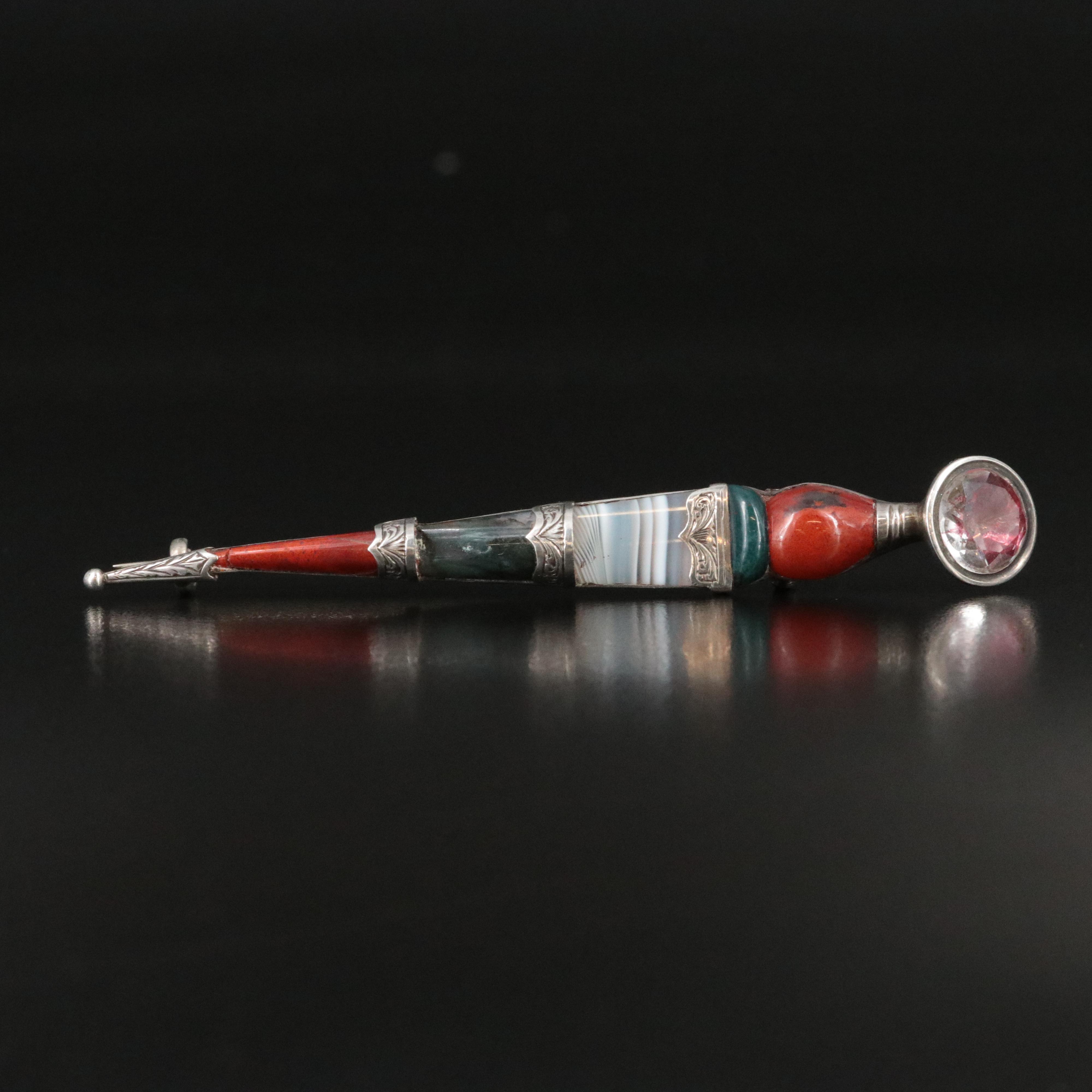 Antique Scottish 900 Silver Amethyst, Agate and Jasper Dirk Brooch