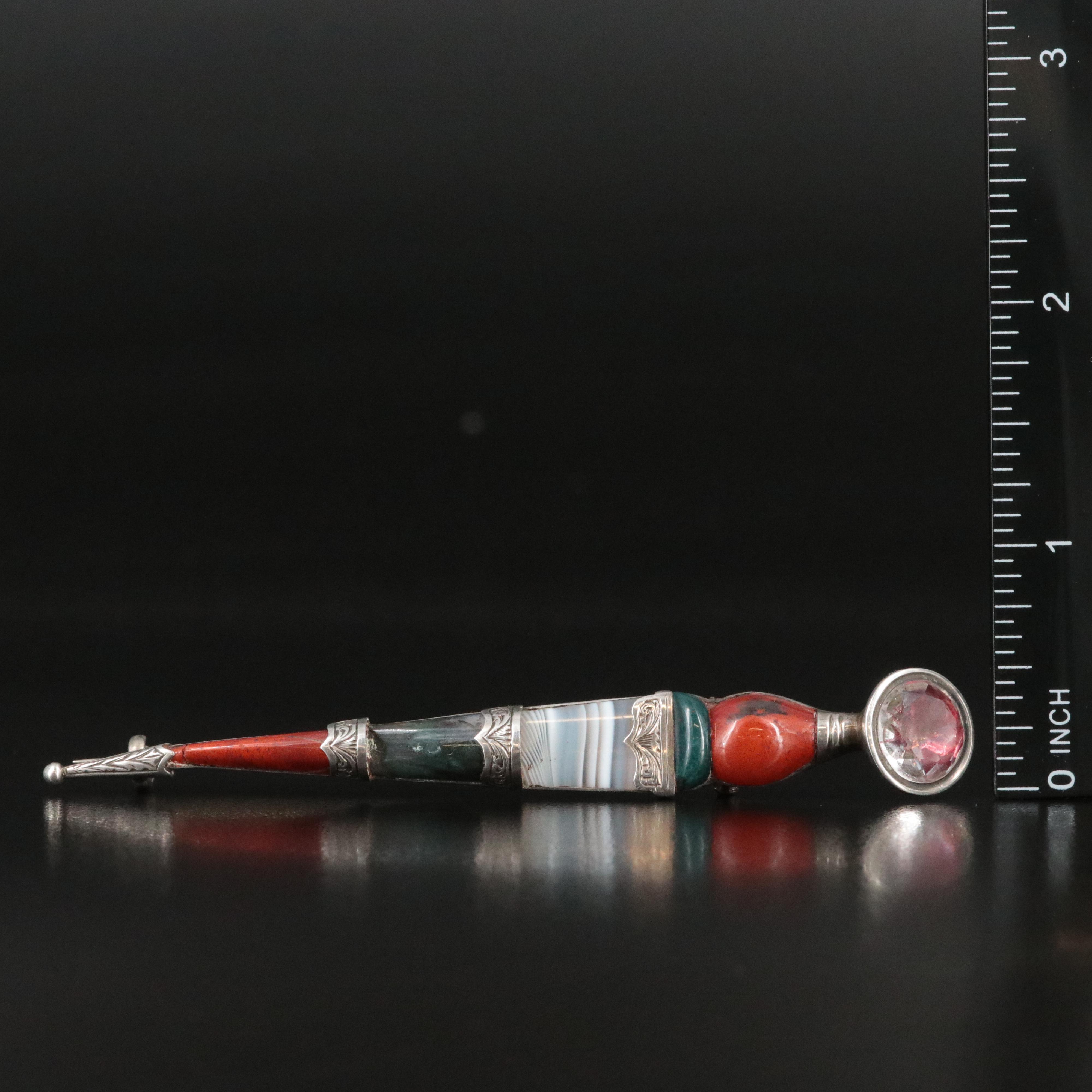 Antique Scottish 900 Silver Amethyst, Agate and Jasper Dirk Brooch