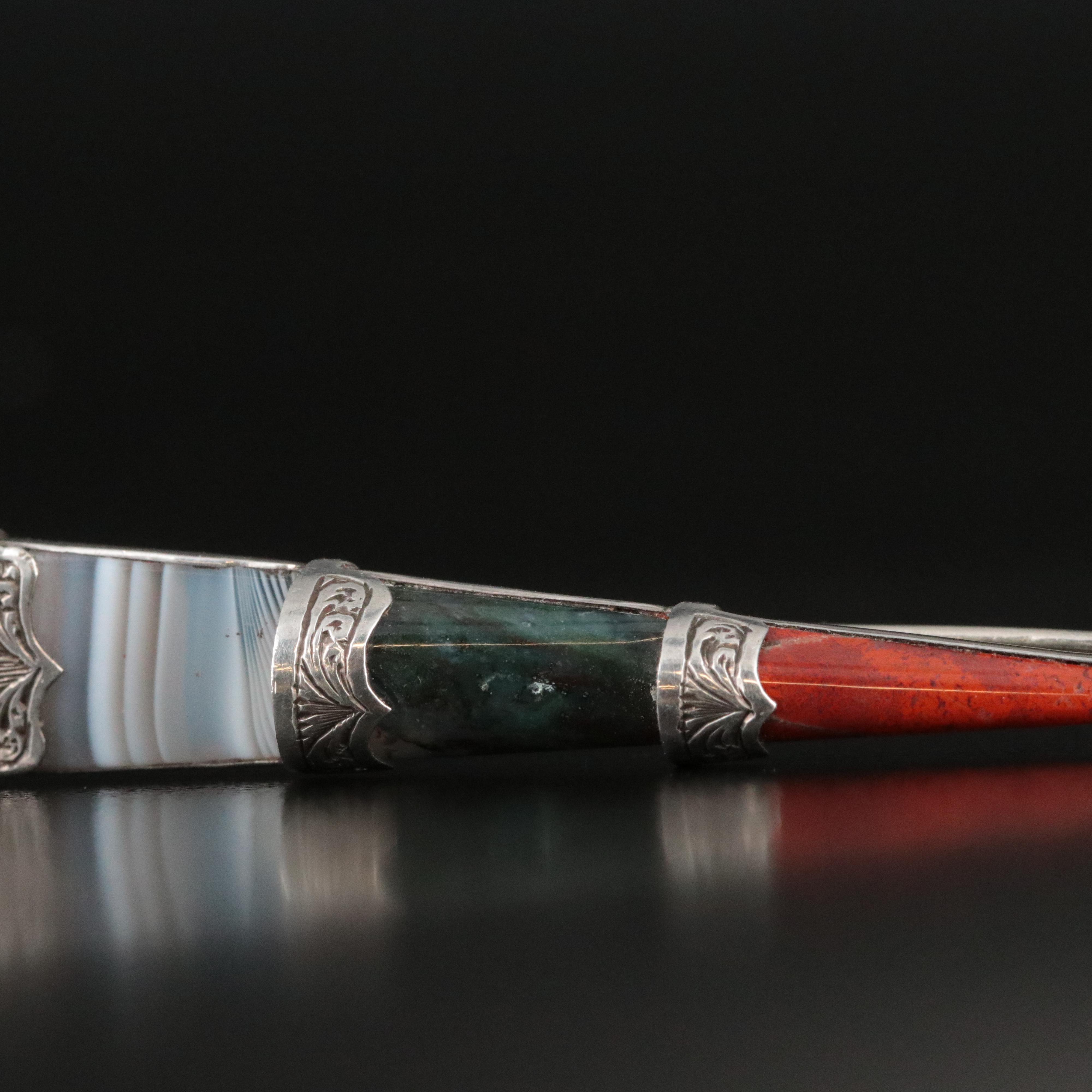 Antique Scottish 900 Silver Amethyst, Agate and Jasper Dirk Brooch