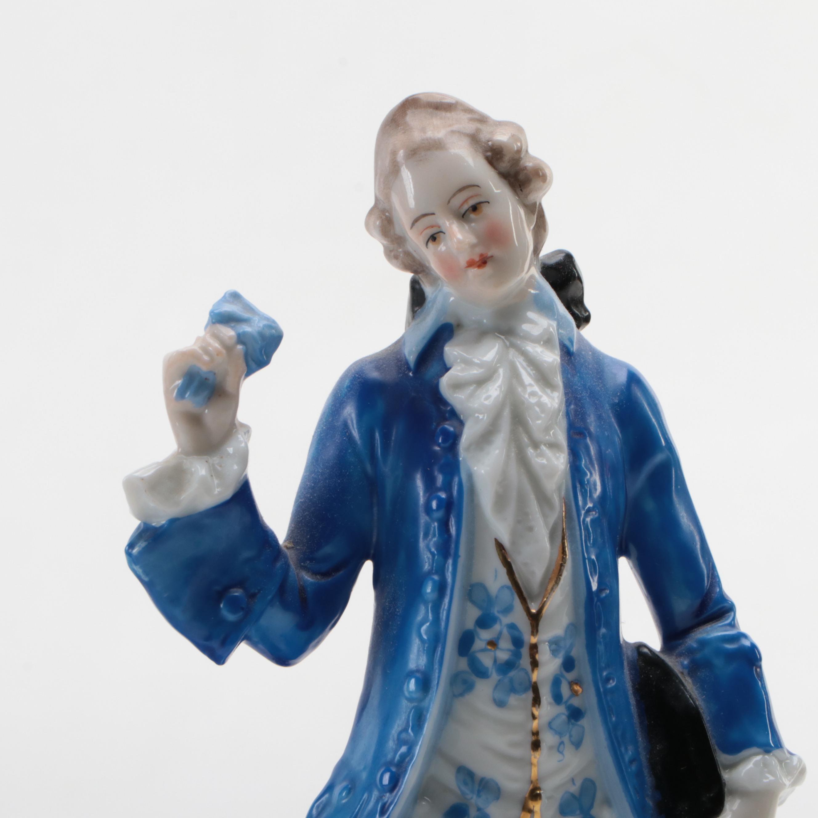 Frosted Pressed Glass Hand and Cornucopia Vase with German Porcelain Figurines