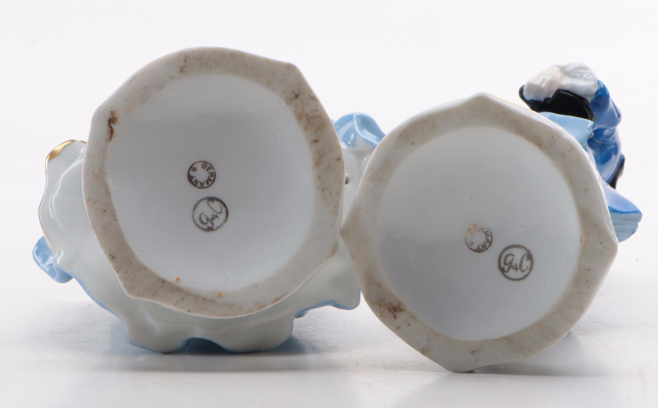 Frosted Pressed Glass Hand and Cornucopia Vase with German Porcelain Figurines