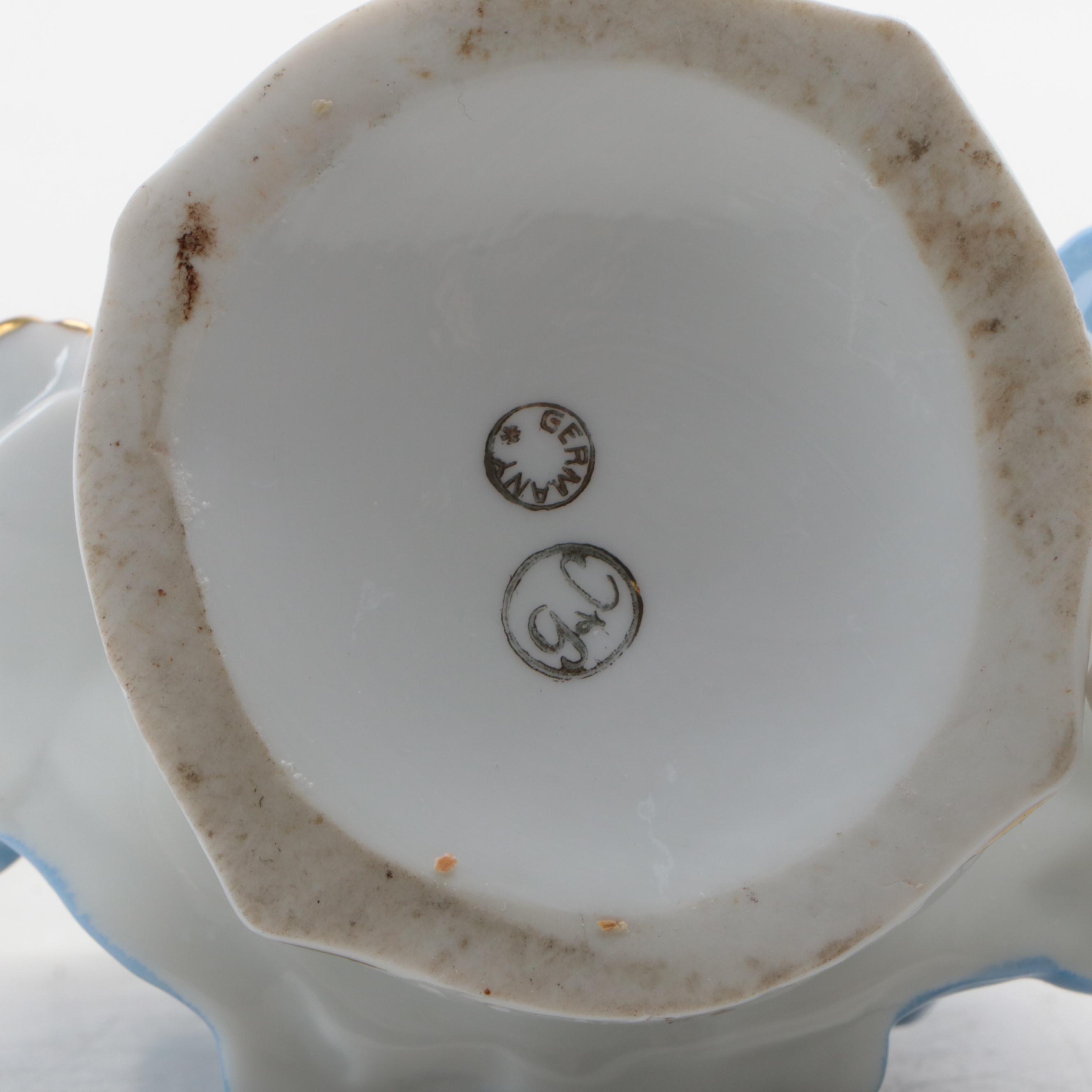 Frosted Pressed Glass Hand and Cornucopia Vase with German Porcelain Figurines