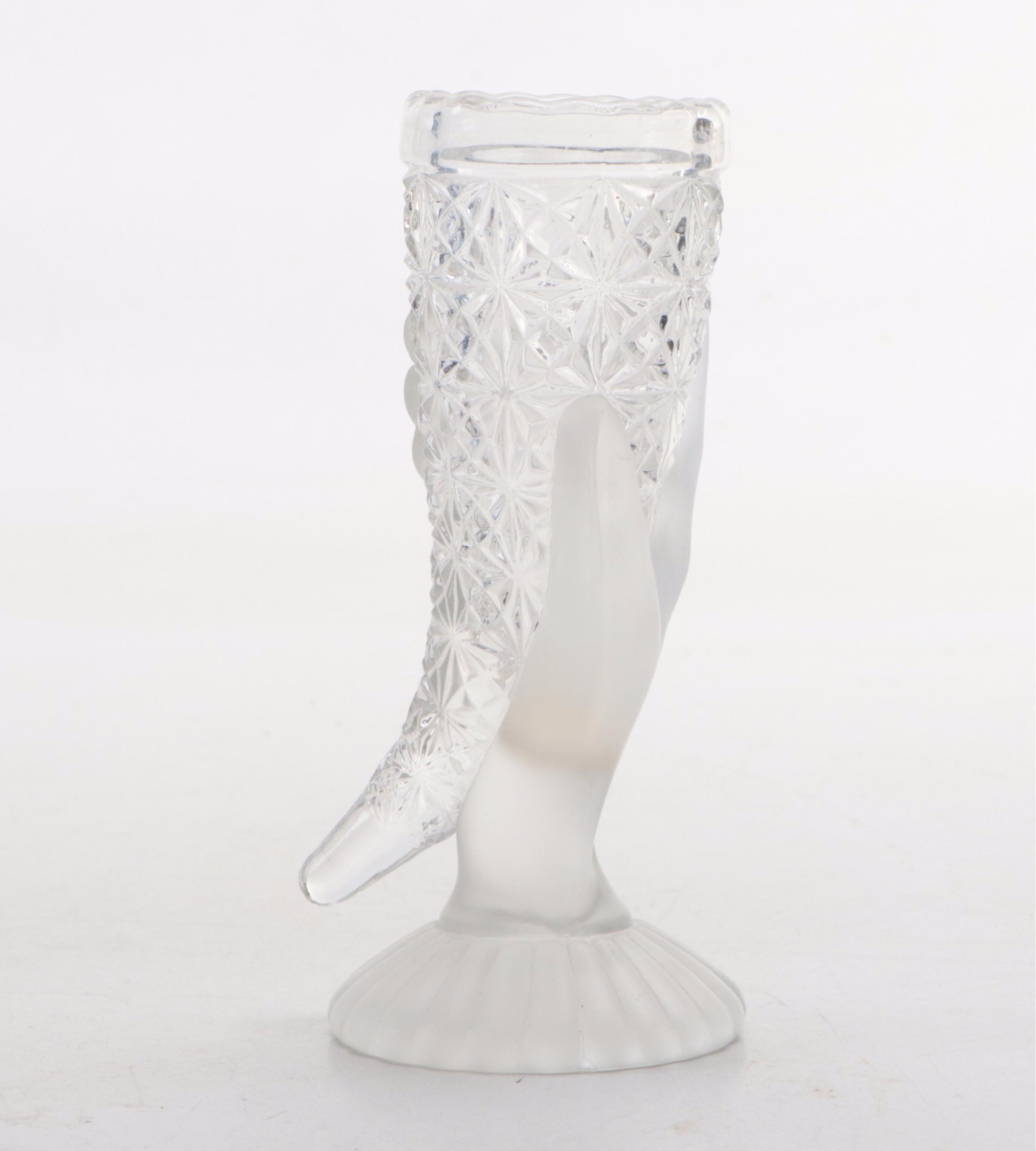 Frosted Pressed Glass Hand and Cornucopia Vase with German Porcelain