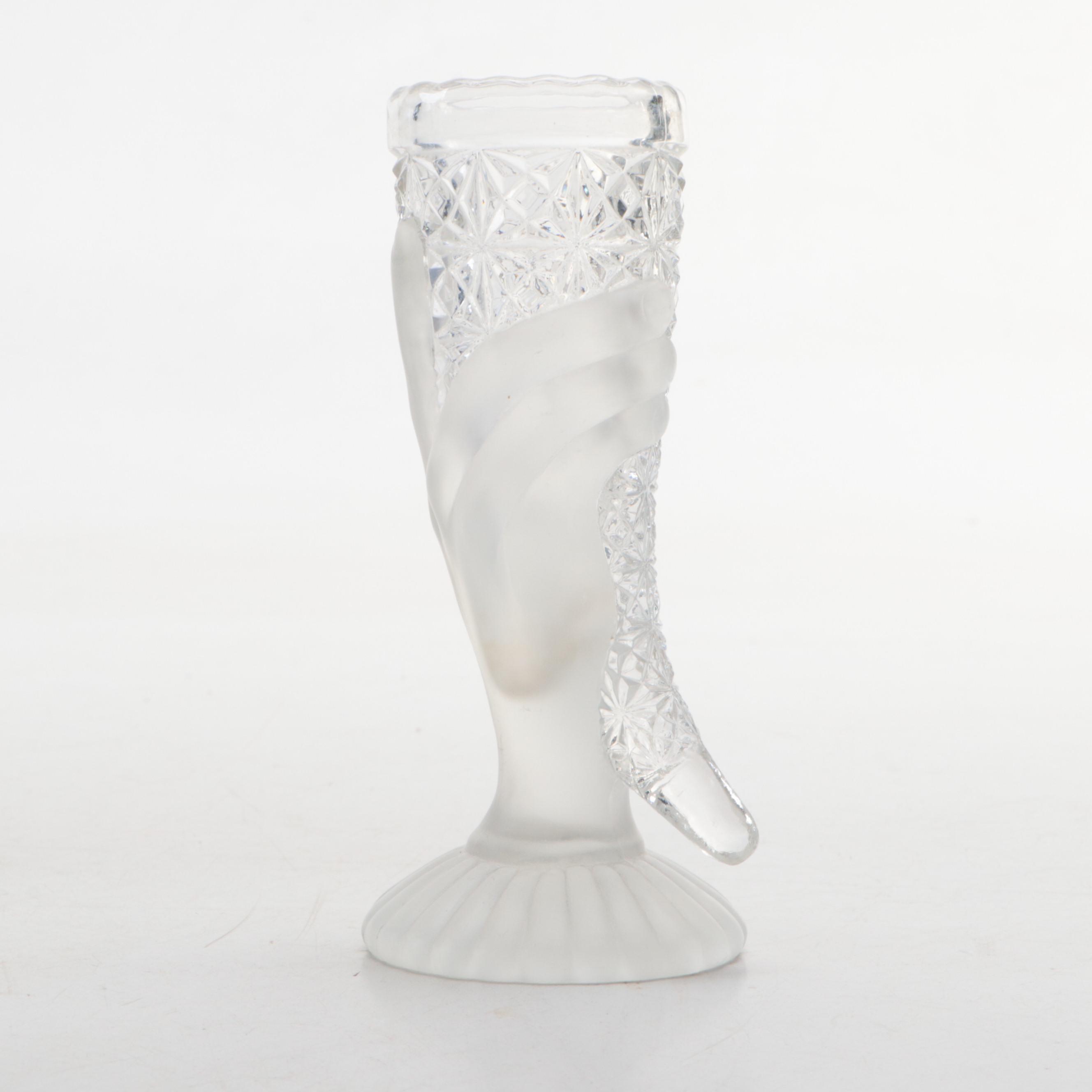 Frosted Pressed Glass Hand and Cornucopia Vase with German Porcelain