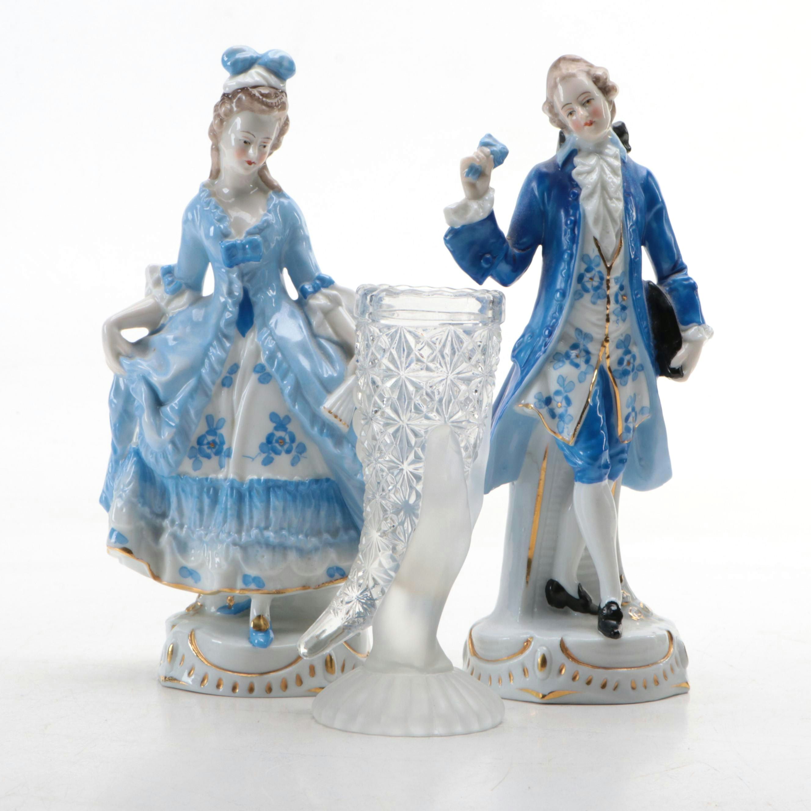 Frosted Pressed Glass Hand and Cornucopia Vase with German Porcelain