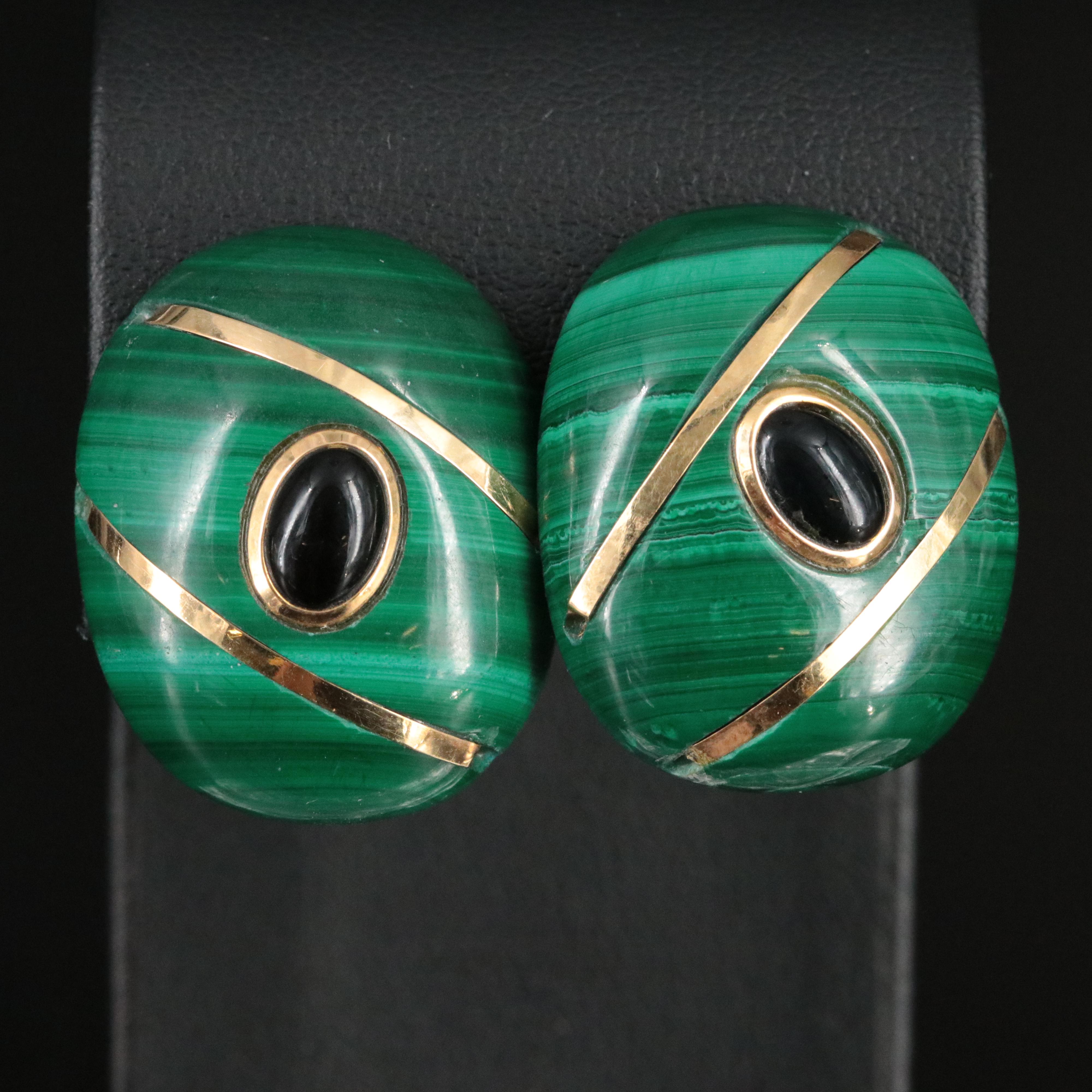 Malachite and Obsidian Button Earrings