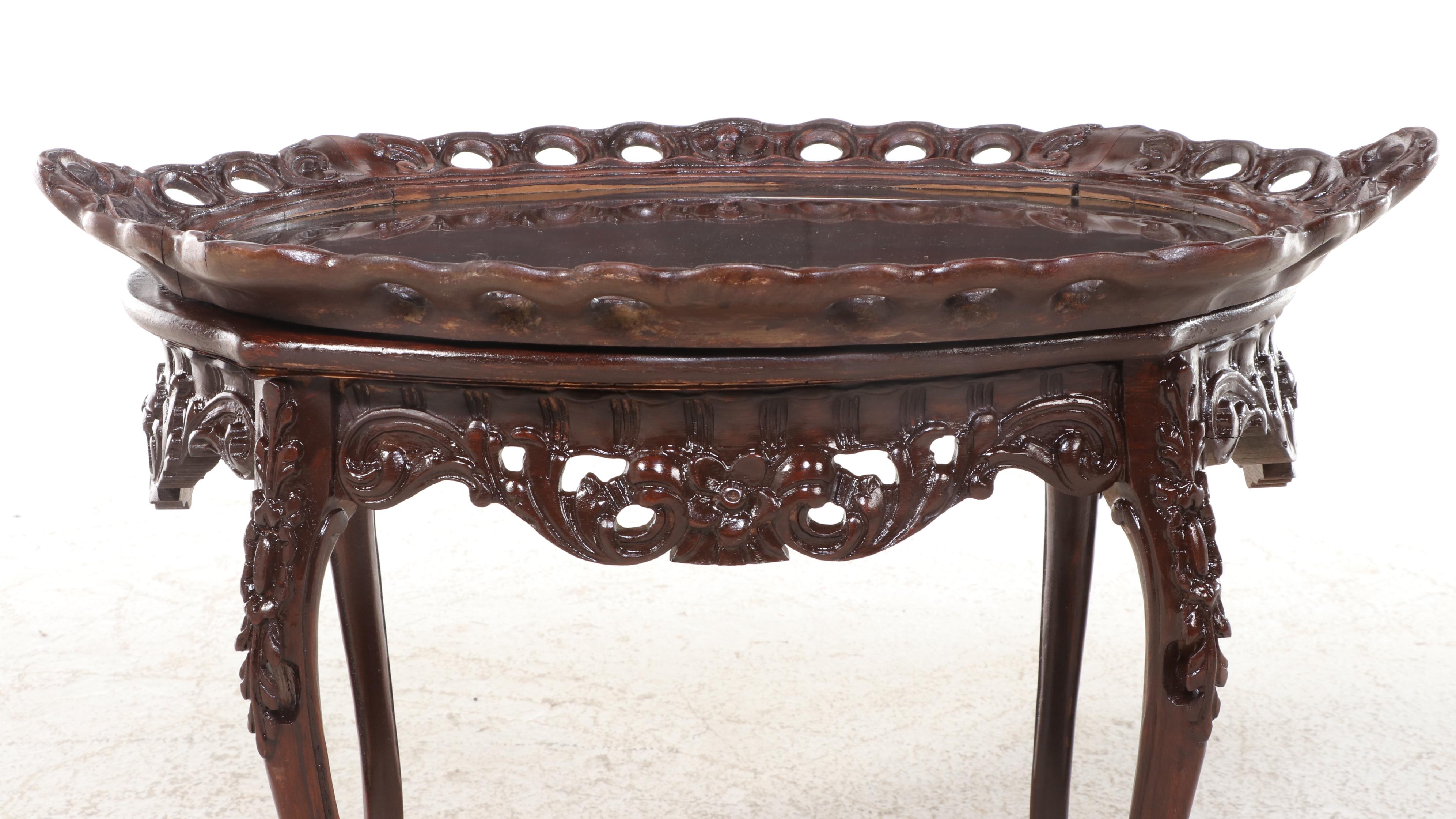 Louis XV Style Carved Hardwood and Glass Tray-Top Side Table, 20th Century