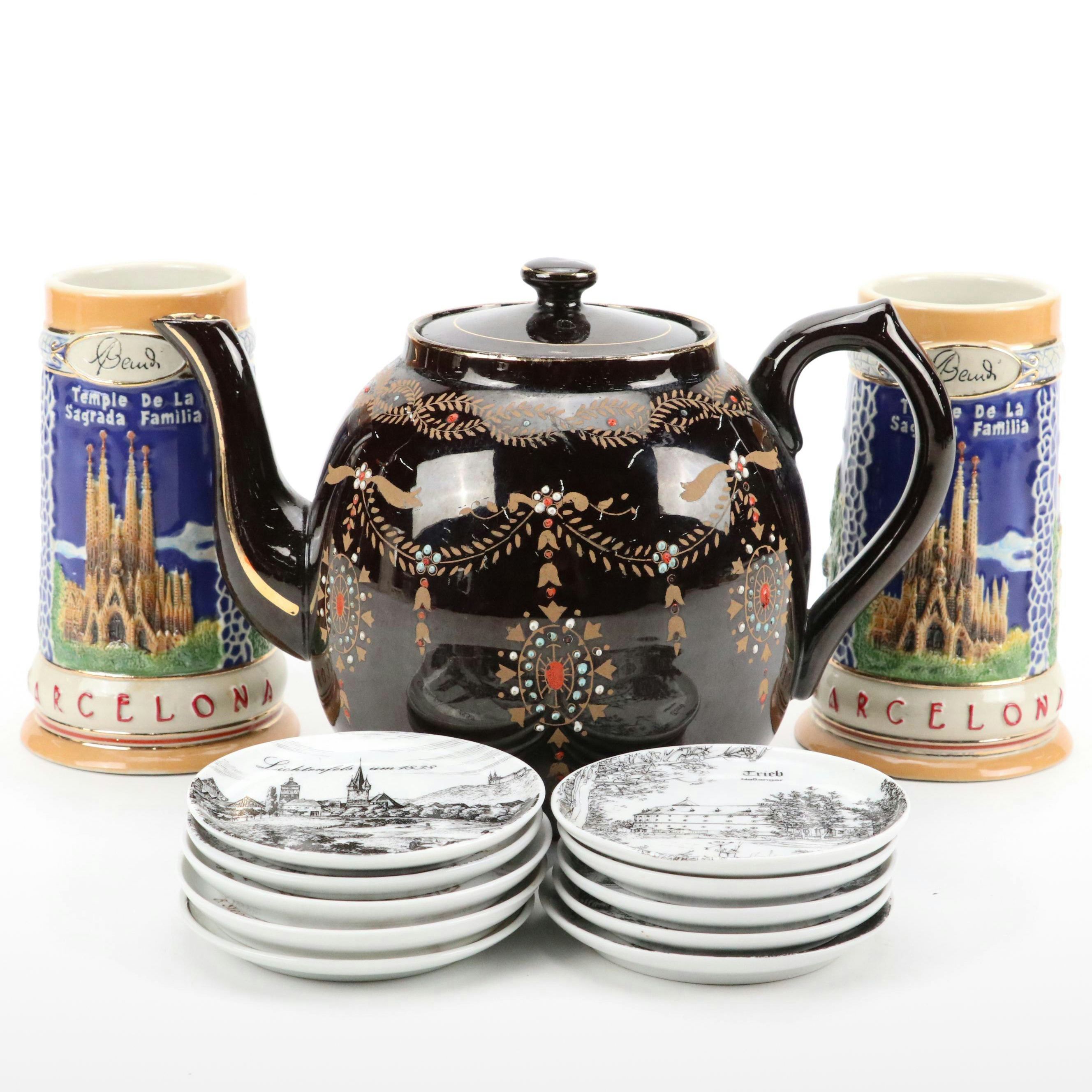English Brown Betty Teapot with Moriage Accents with Souvenir Steins and Dishes