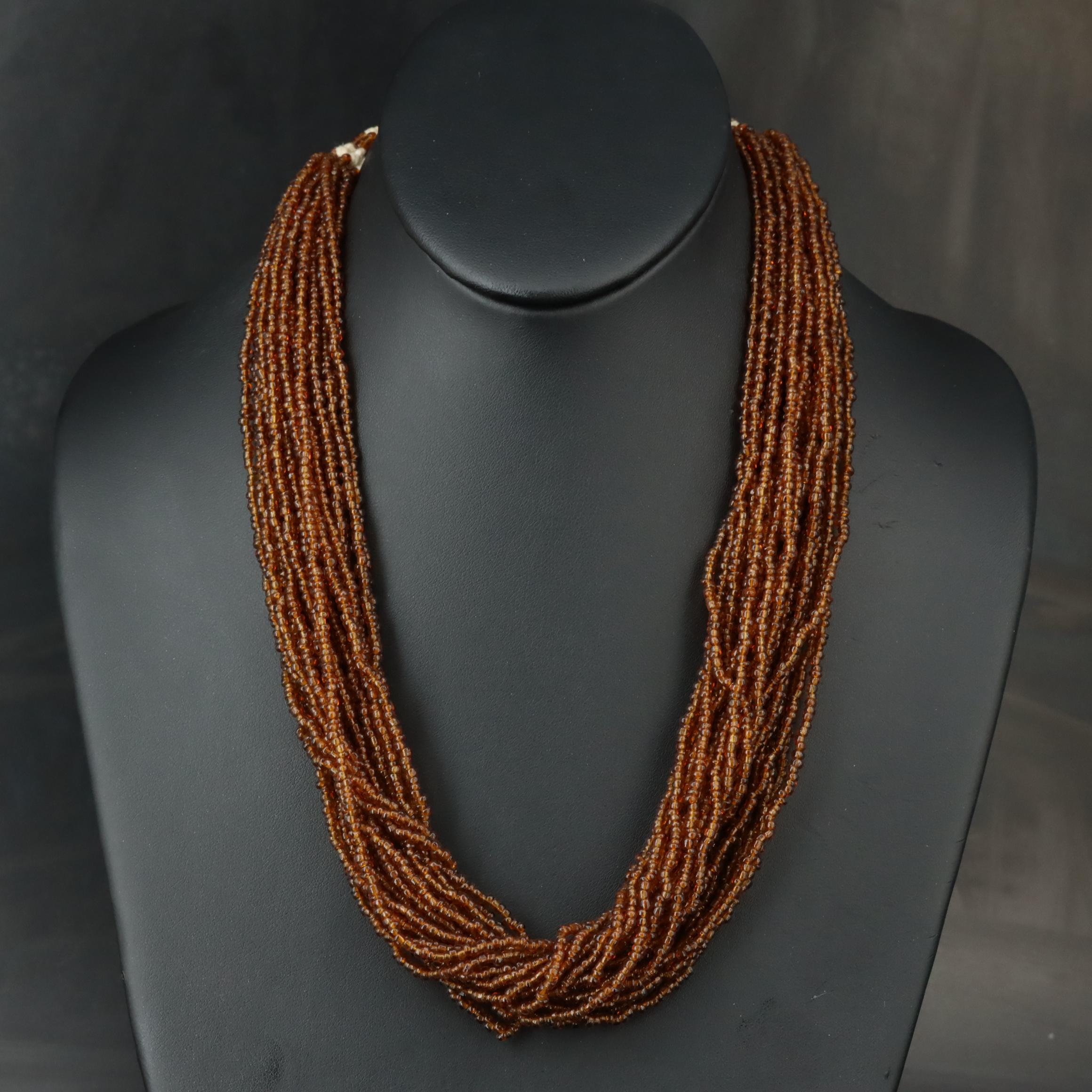 Glass Bead Torsade Necklace with Carved Bone Clasp