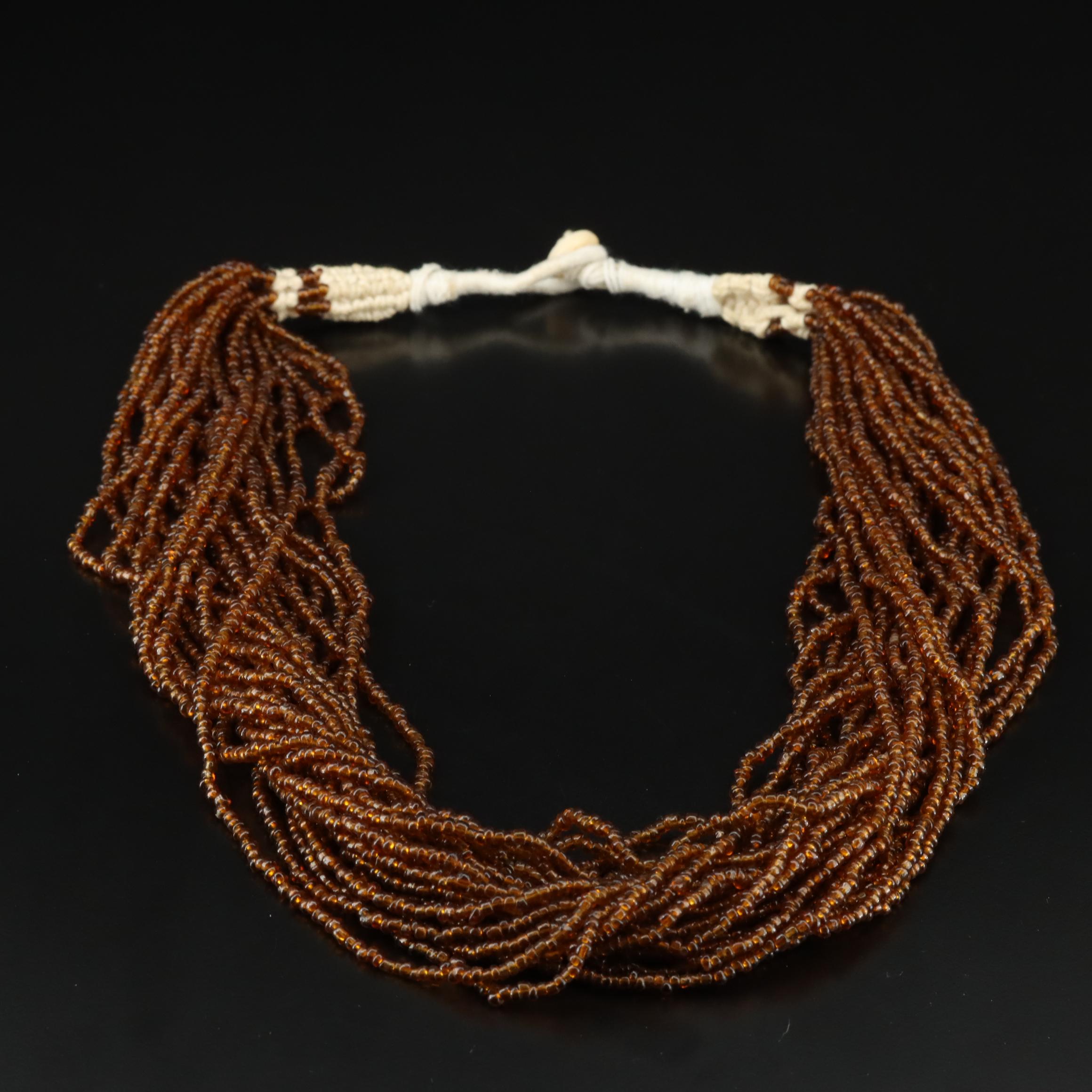 Glass Bead Torsade Necklace with Carved Bone Clasp