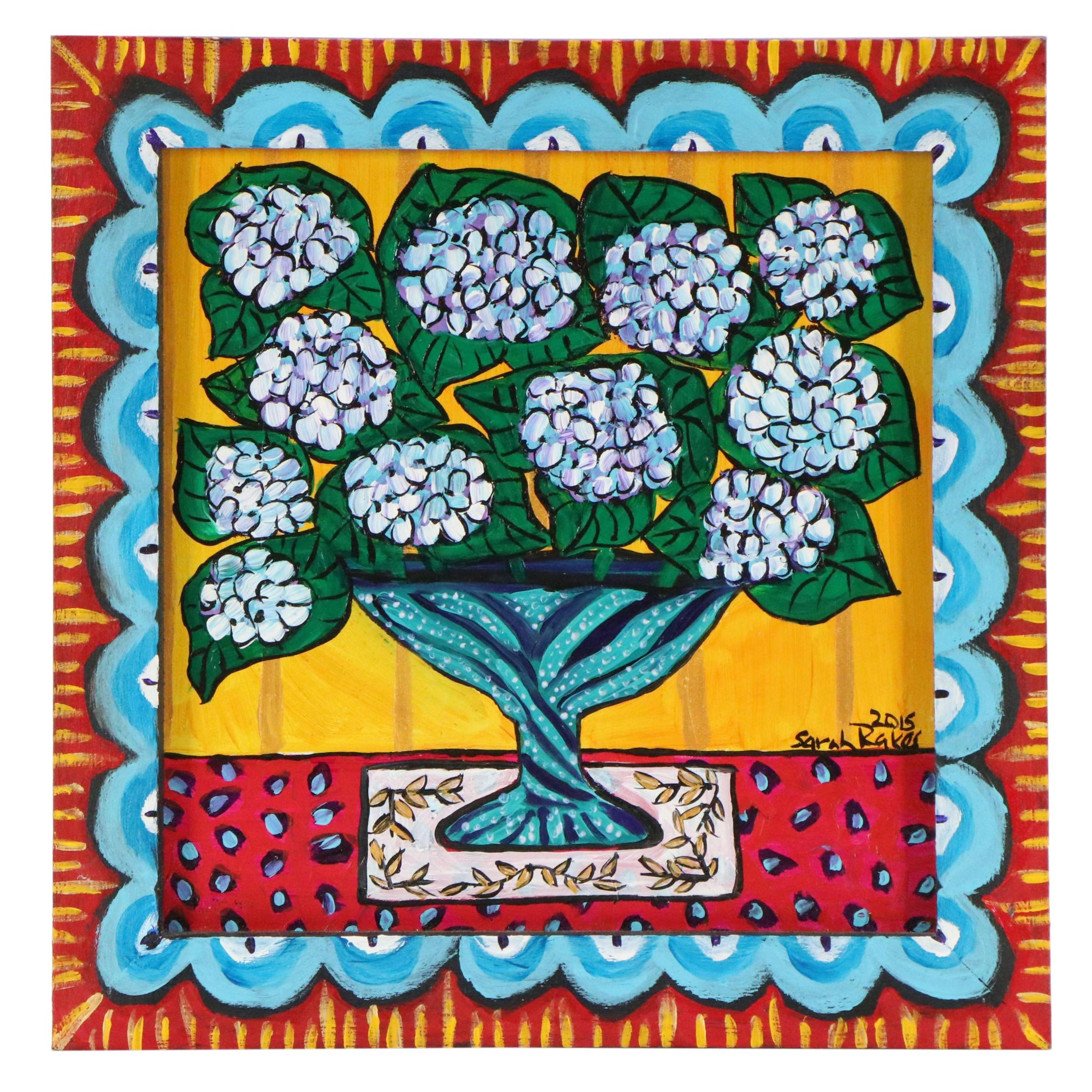 Sarah Rakes Folk Still Life Acrylic Painting "Hydrangeas in a Yellow Room," 2015