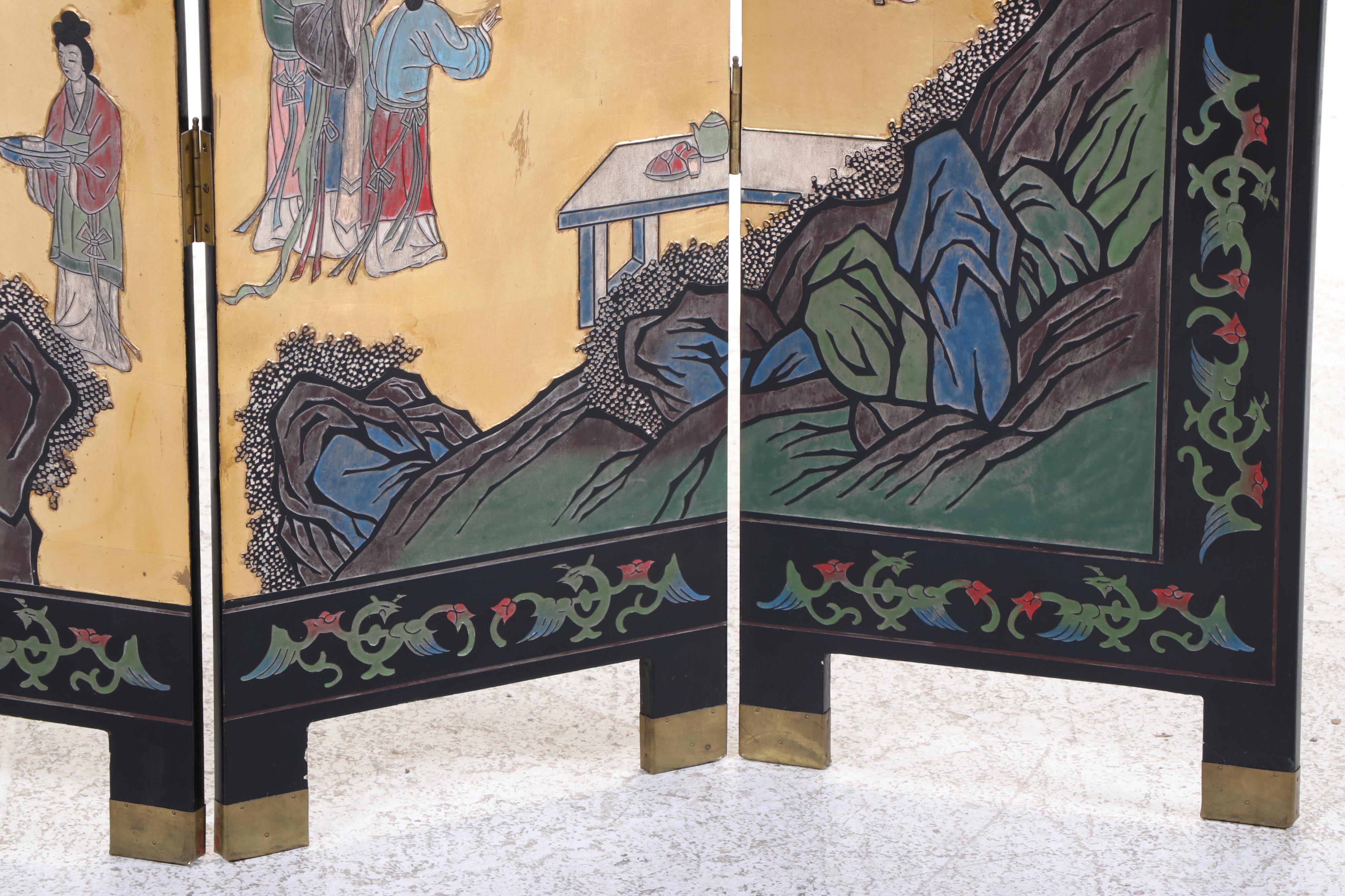 Chinese Black, Gilt, and Polychrome-Lacquered Four-Panel Folding Screen