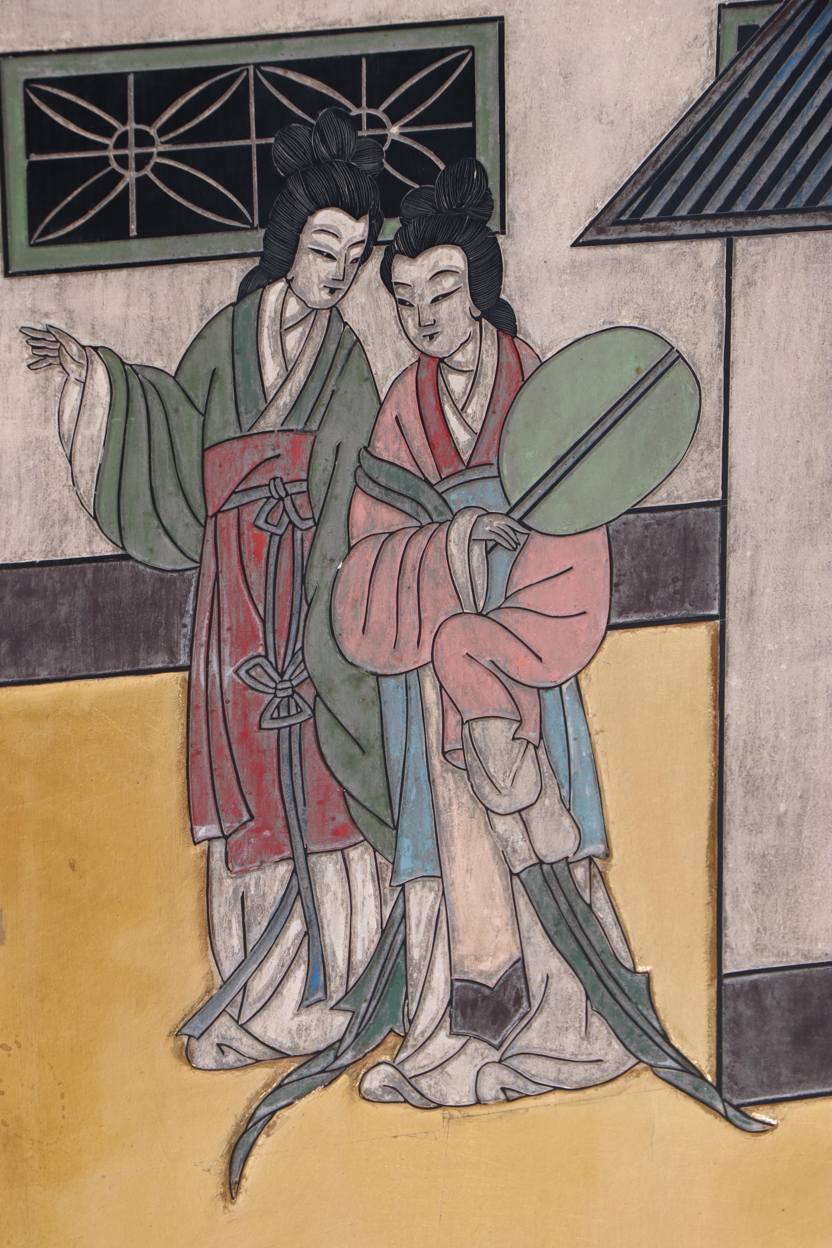 Chinese Black, Gilt, and Polychrome-Lacquered Four-Panel Folding Screen