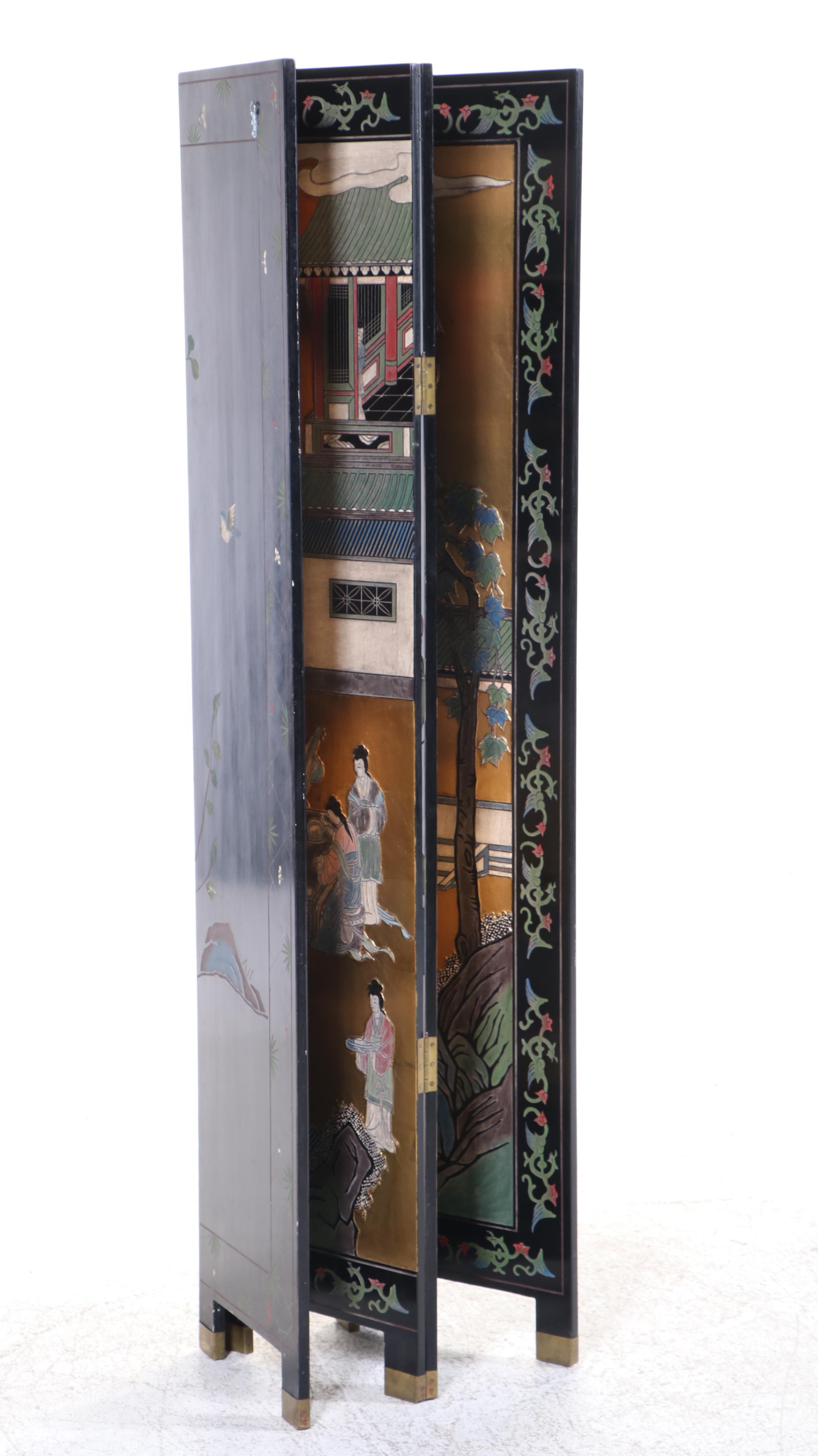 Chinese Black, Gilt, and Polychrome-Lacquered Four-Panel Folding Screen