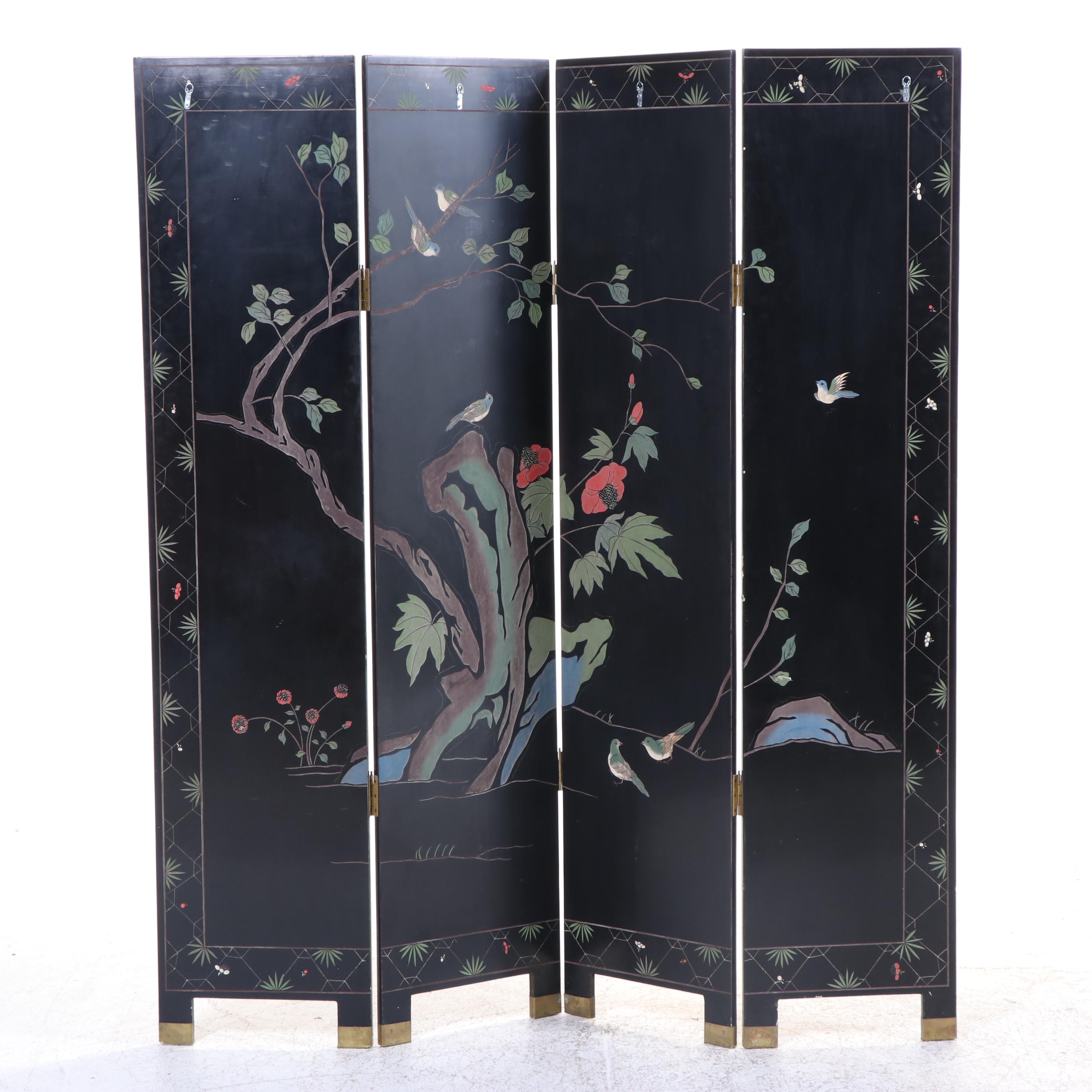 Chinese Black, Gilt, and Polychrome-Lacquered Four-Panel Folding Screen