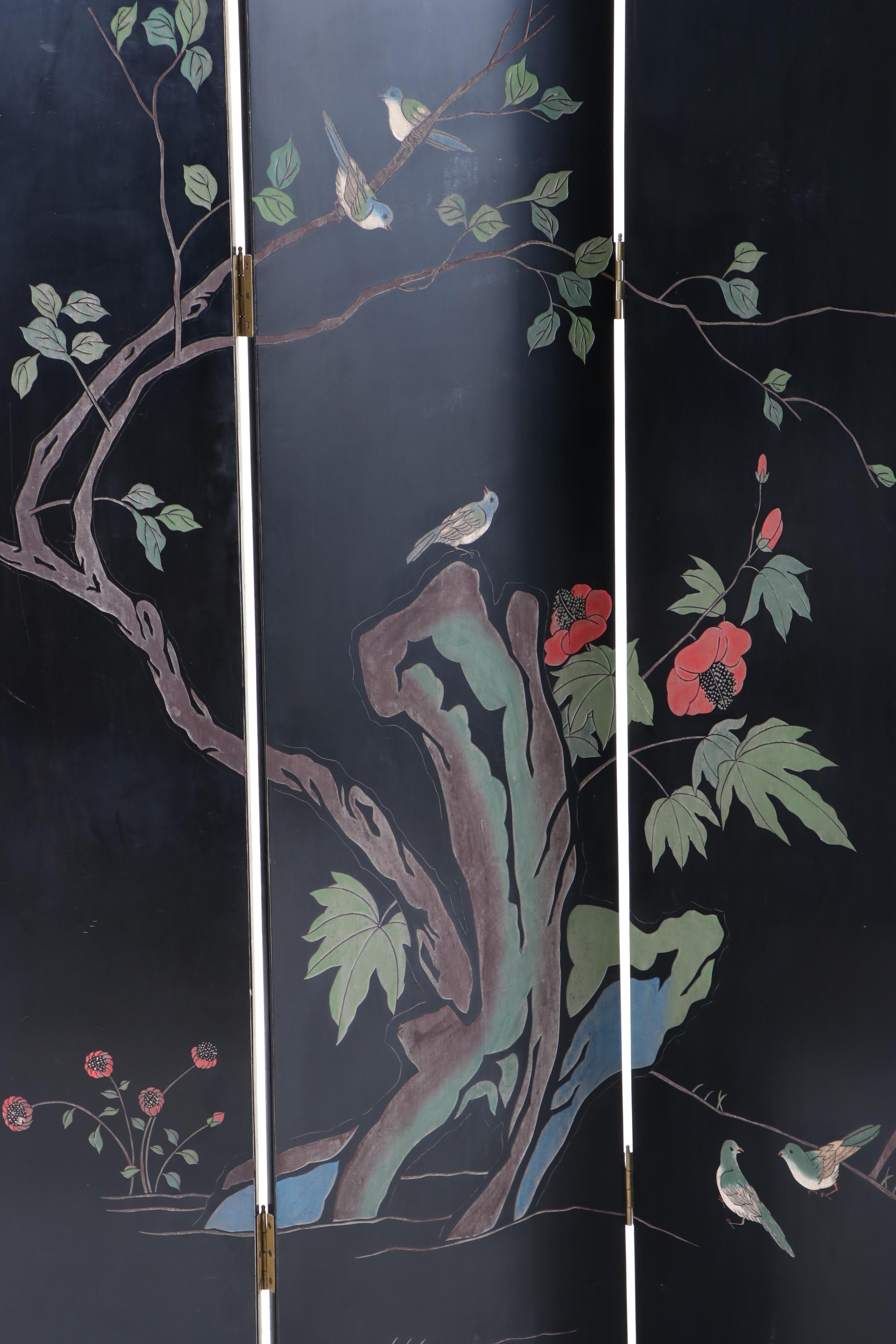 Chinese Black, Gilt, and Polychrome-Lacquered Four-Panel Folding Screen