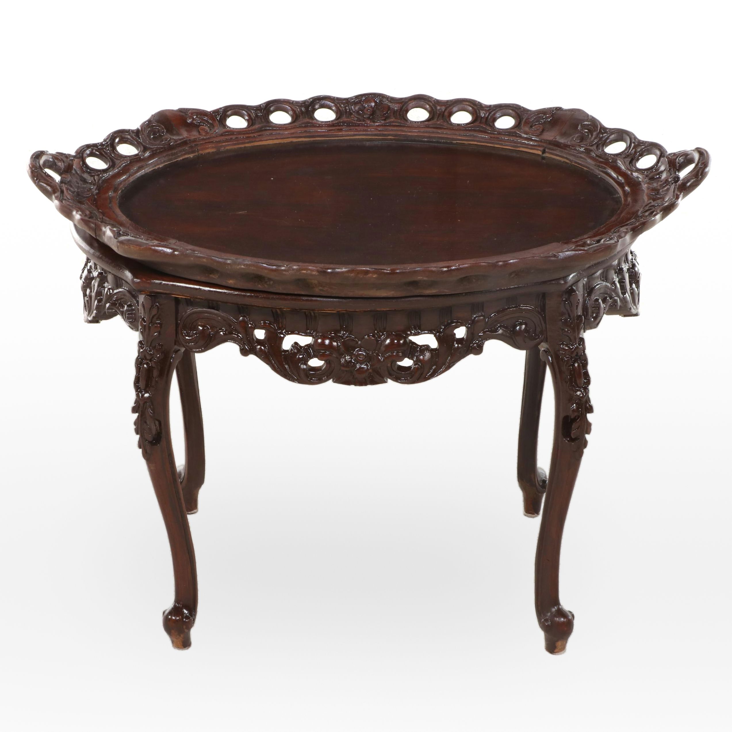 Louis XV Style Carved Hardwood and Glass Tray-Top Side Table, 20th Century