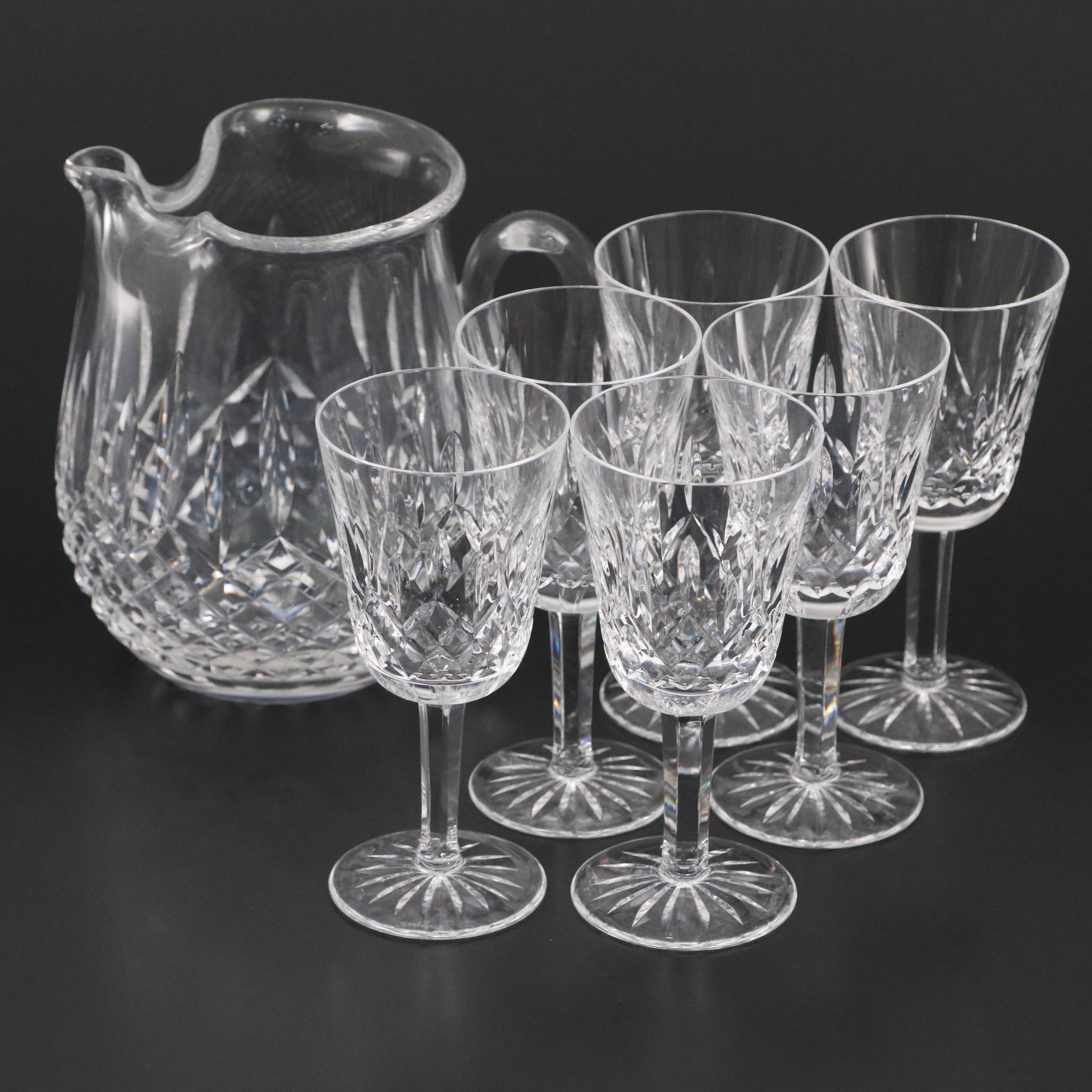 Waterford Crystal "Lismore" Ice Lip Pitcher with Six Water Goblets