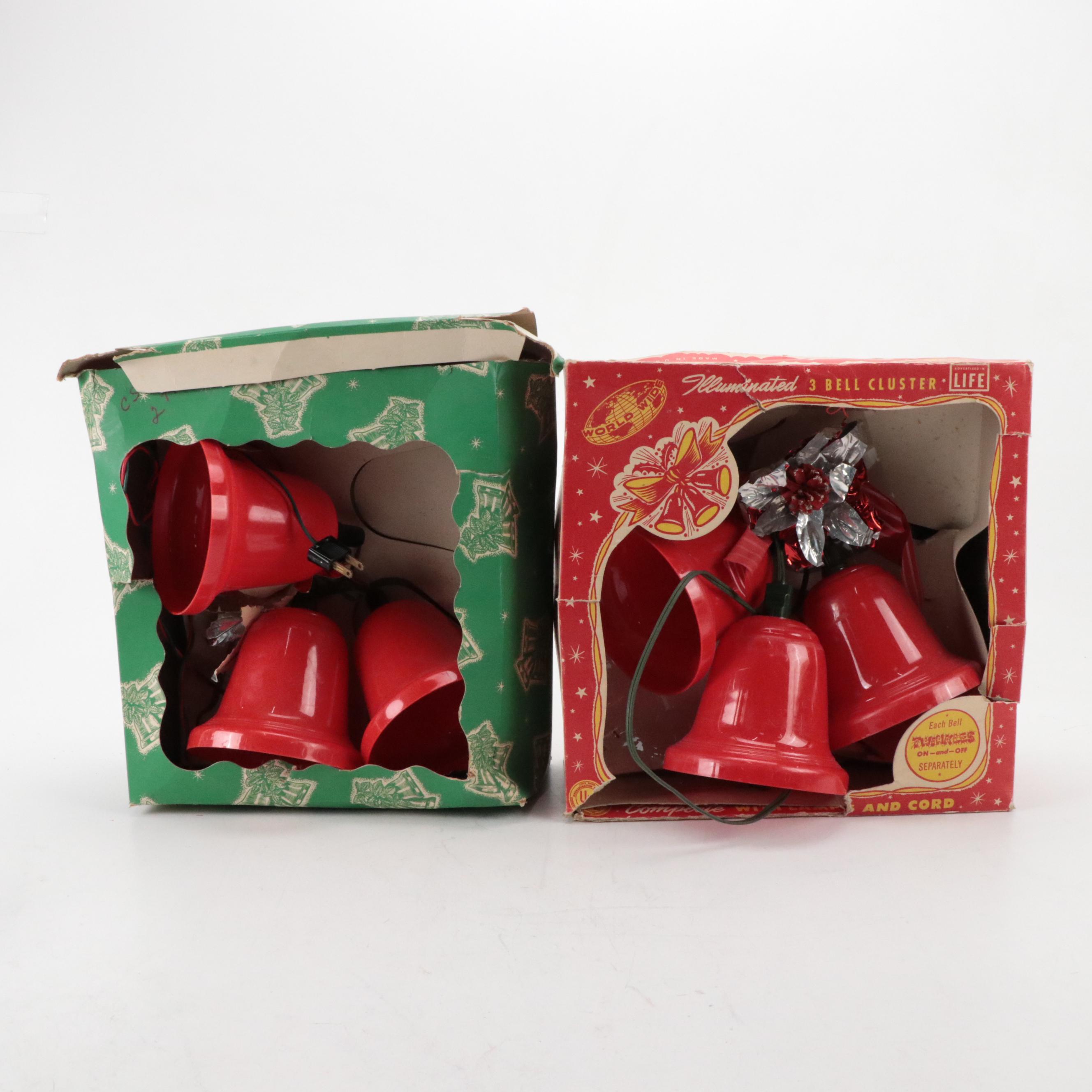 Illuminated Santa Figure and Christmas Bell Clusters with Holiday Accent Pillows