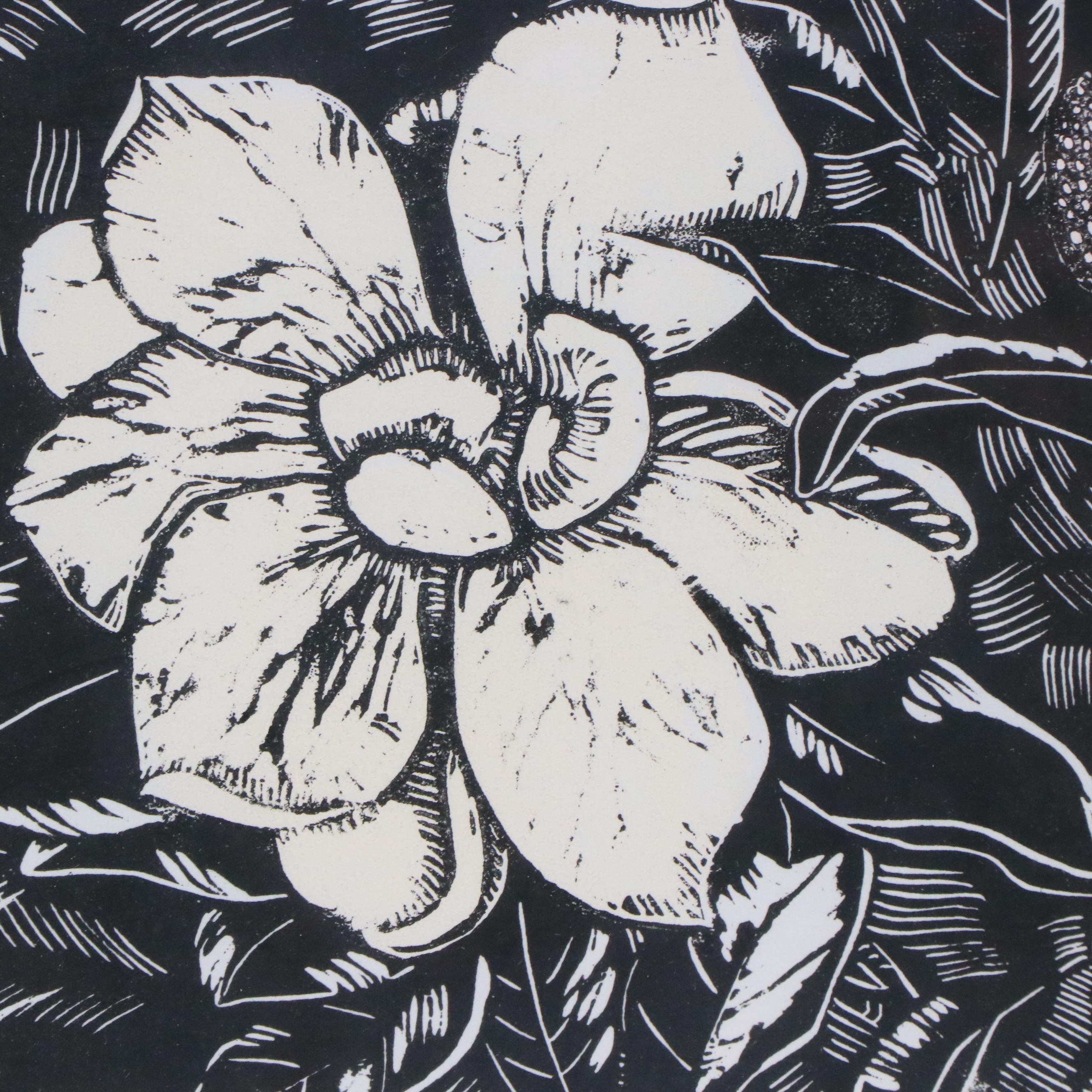 Marthe E. Weber Floral Woodcut "Magnolias"