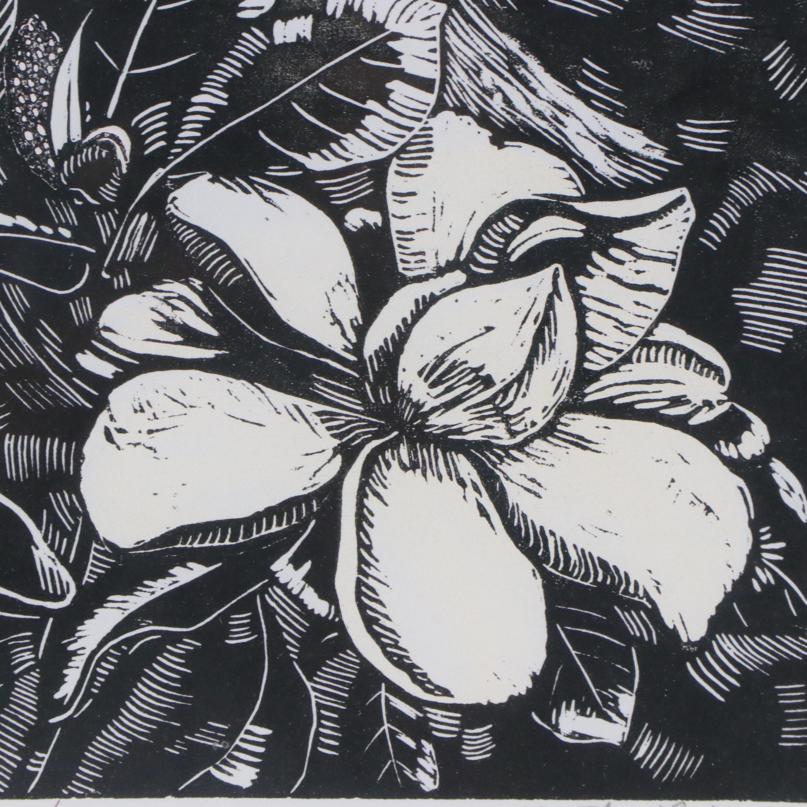 Marthe E. Weber Floral Woodcut "Magnolias"