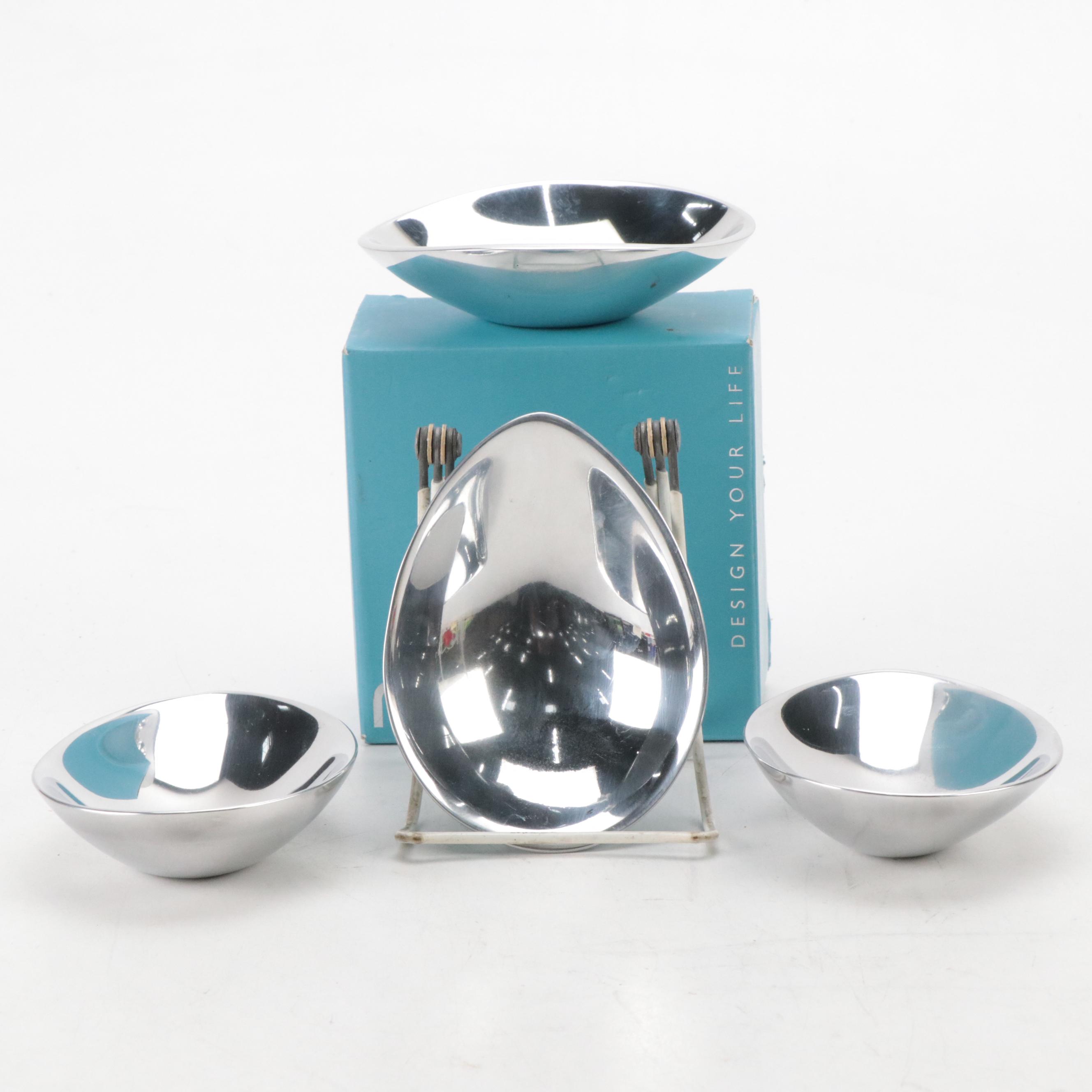 Nambe "Butterfly" Stainless Steel Mini Bowls with Stainless Steel Plates
