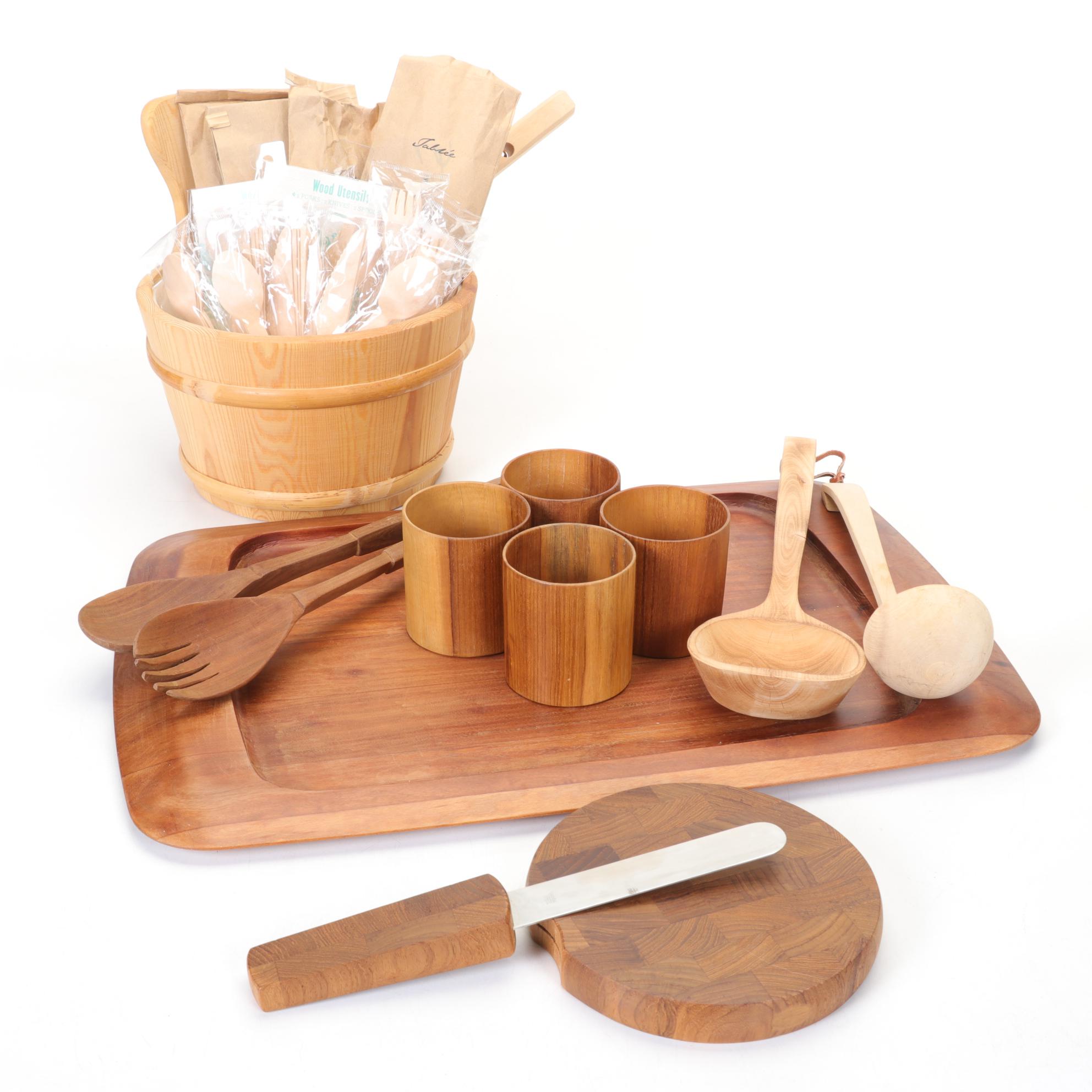 Dansk Teakwood Cheeseboard, Wooden Flatware, Tumblers and Other Utensils