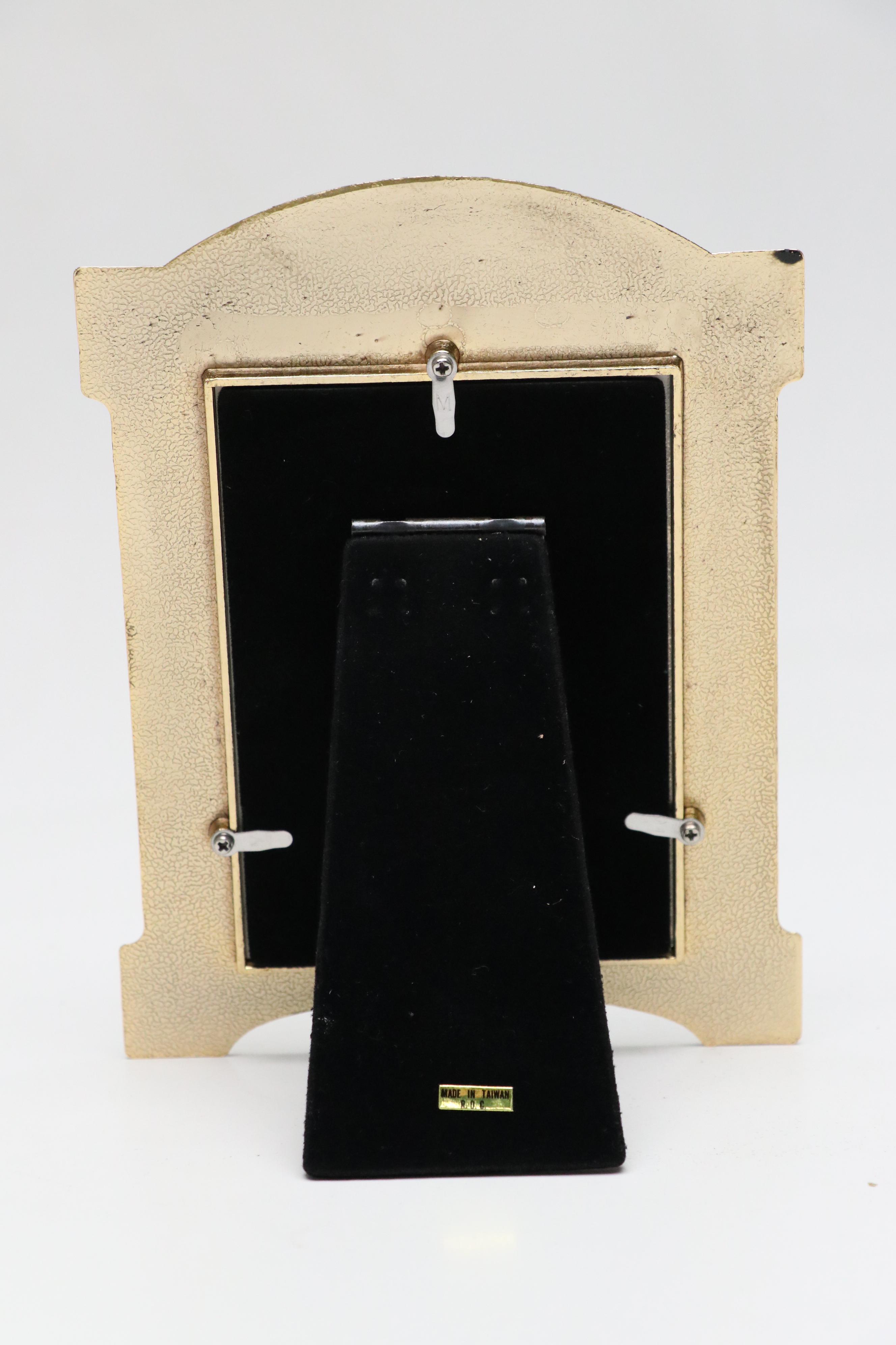 Guilloché Gold Tone Metal Tabletop Frame Set and Clock