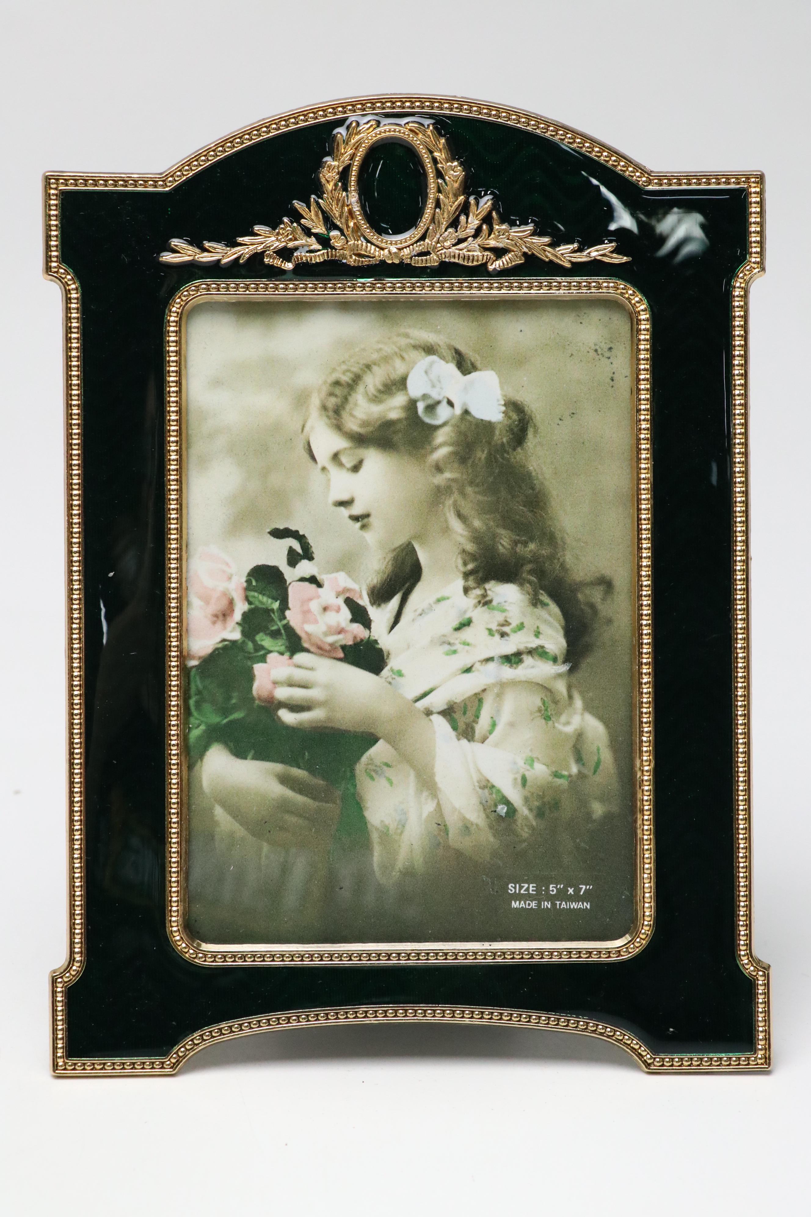 Guilloché Gold Tone Metal Tabletop Frame Set and Clock