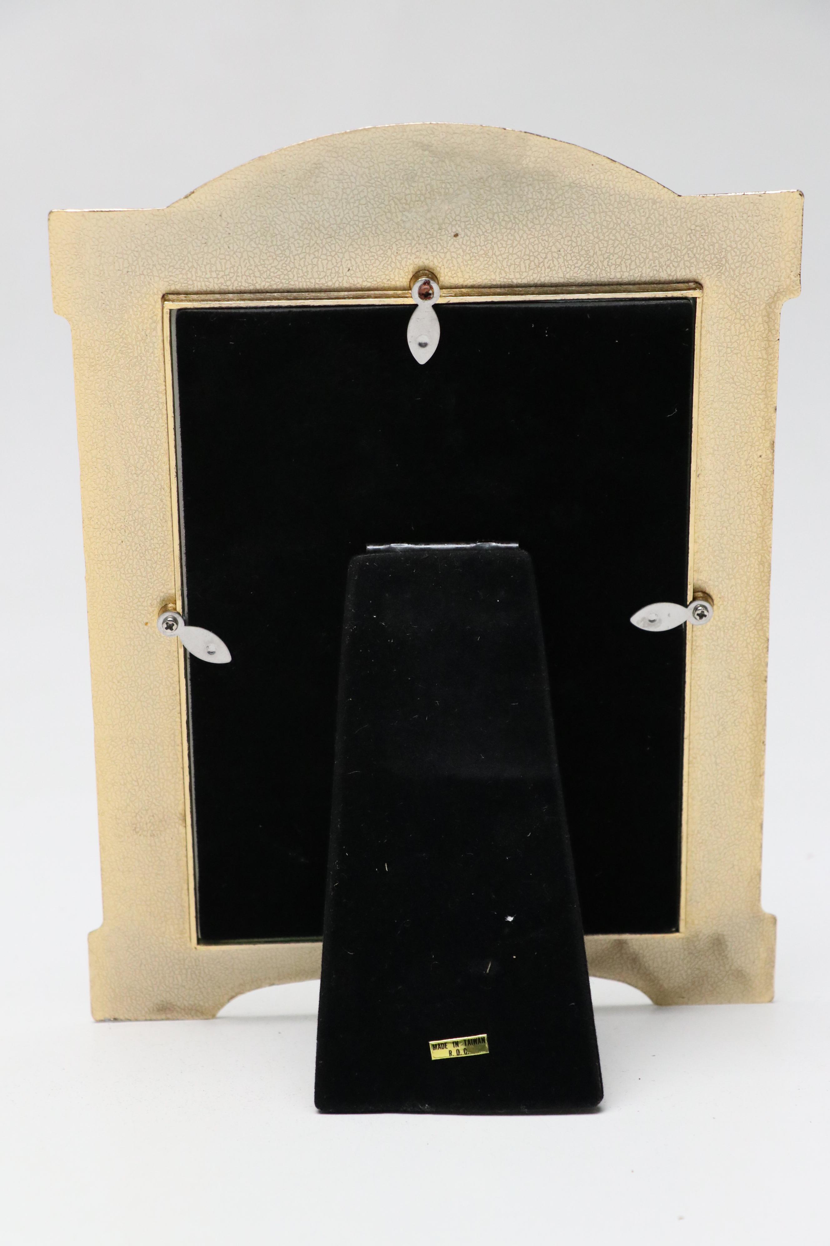 Guilloché Gold Tone Metal Tabletop Frame Set and Clock