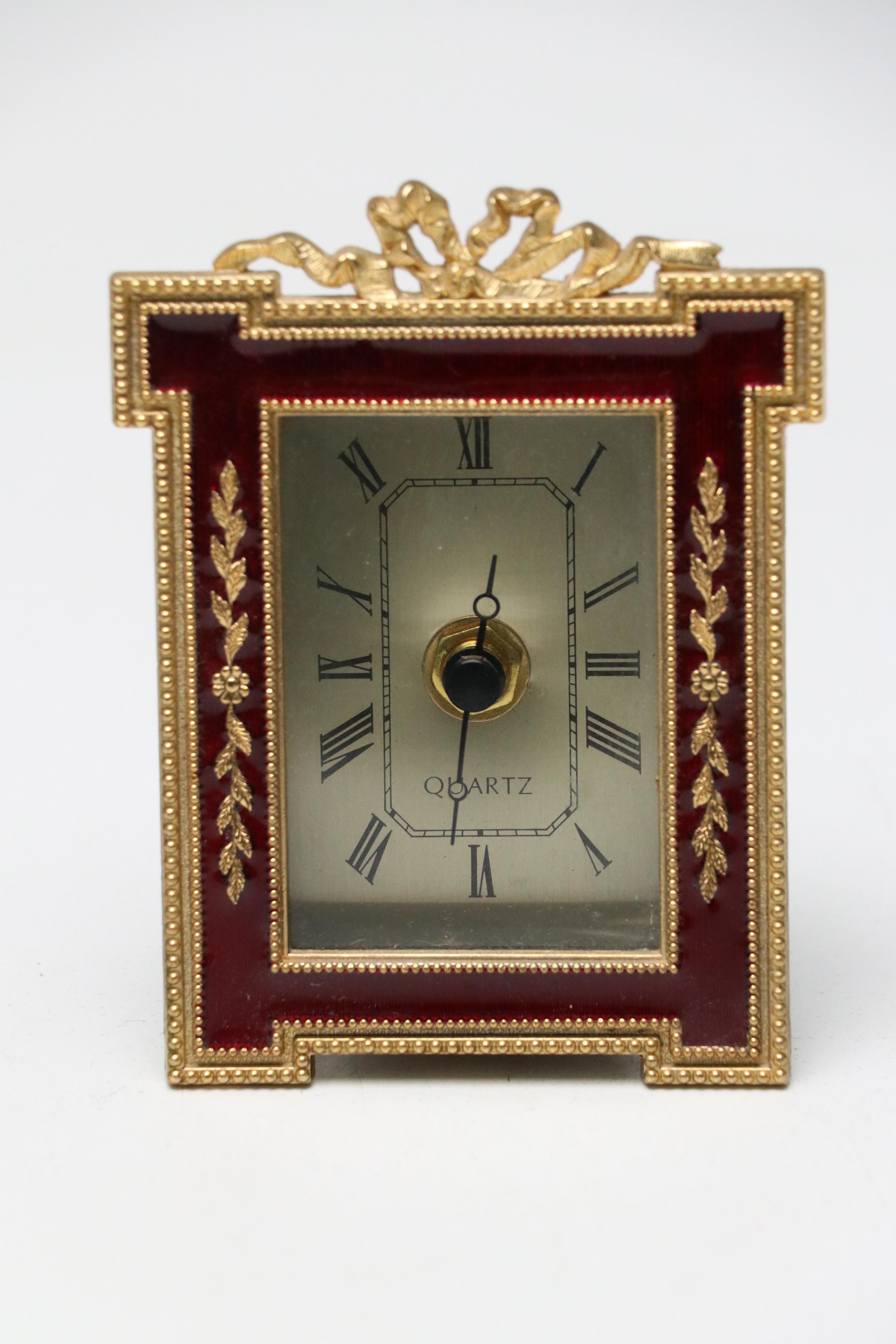 Guilloché Gold Tone Metal Tabletop Frame Set and Clock