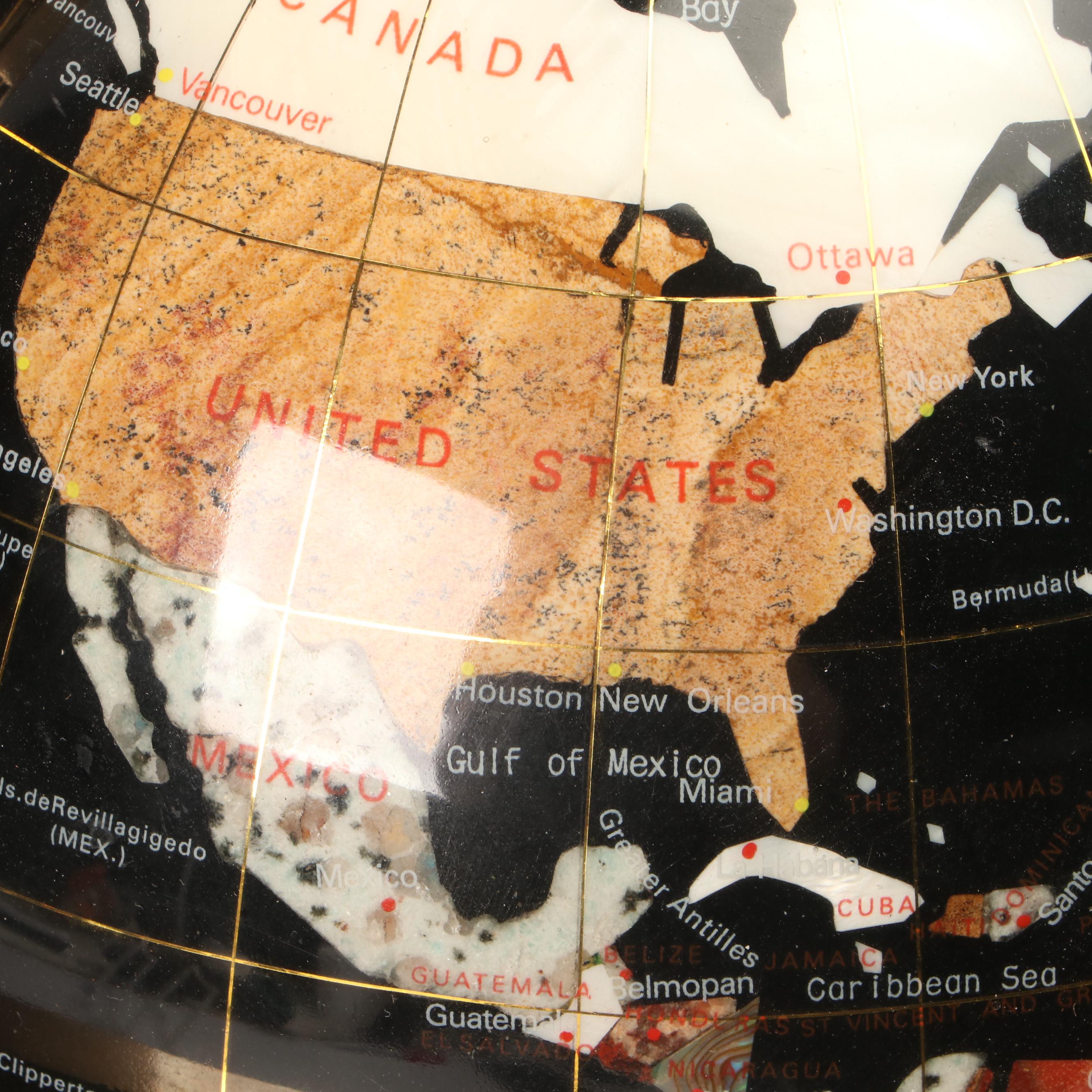 Abalone, Marble and Stone Inlay Globe on Brass Finish Metal Stand with Compass