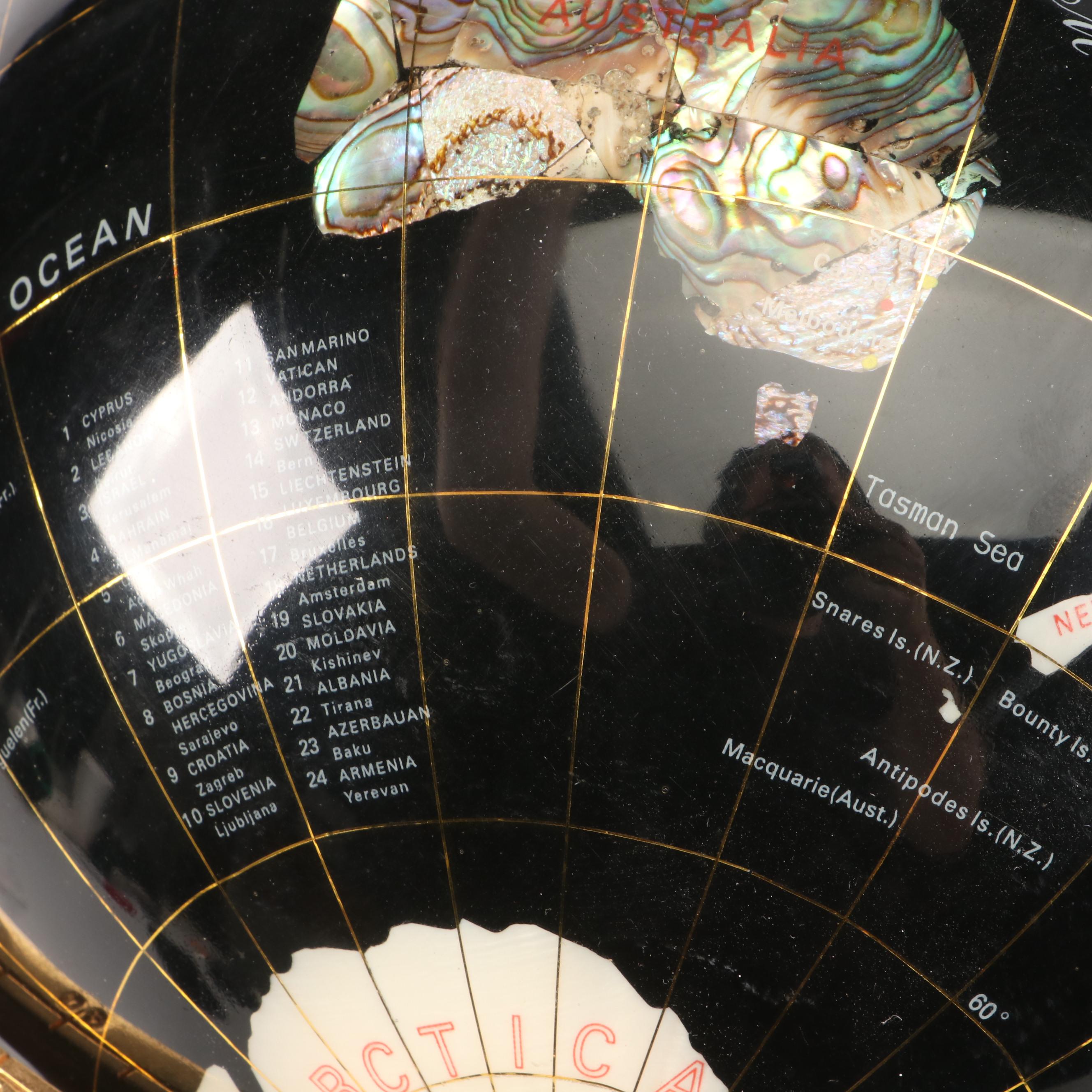 Abalone, Marble and Stone Inlay Globe on Brass Finish Metal Stand with Compass