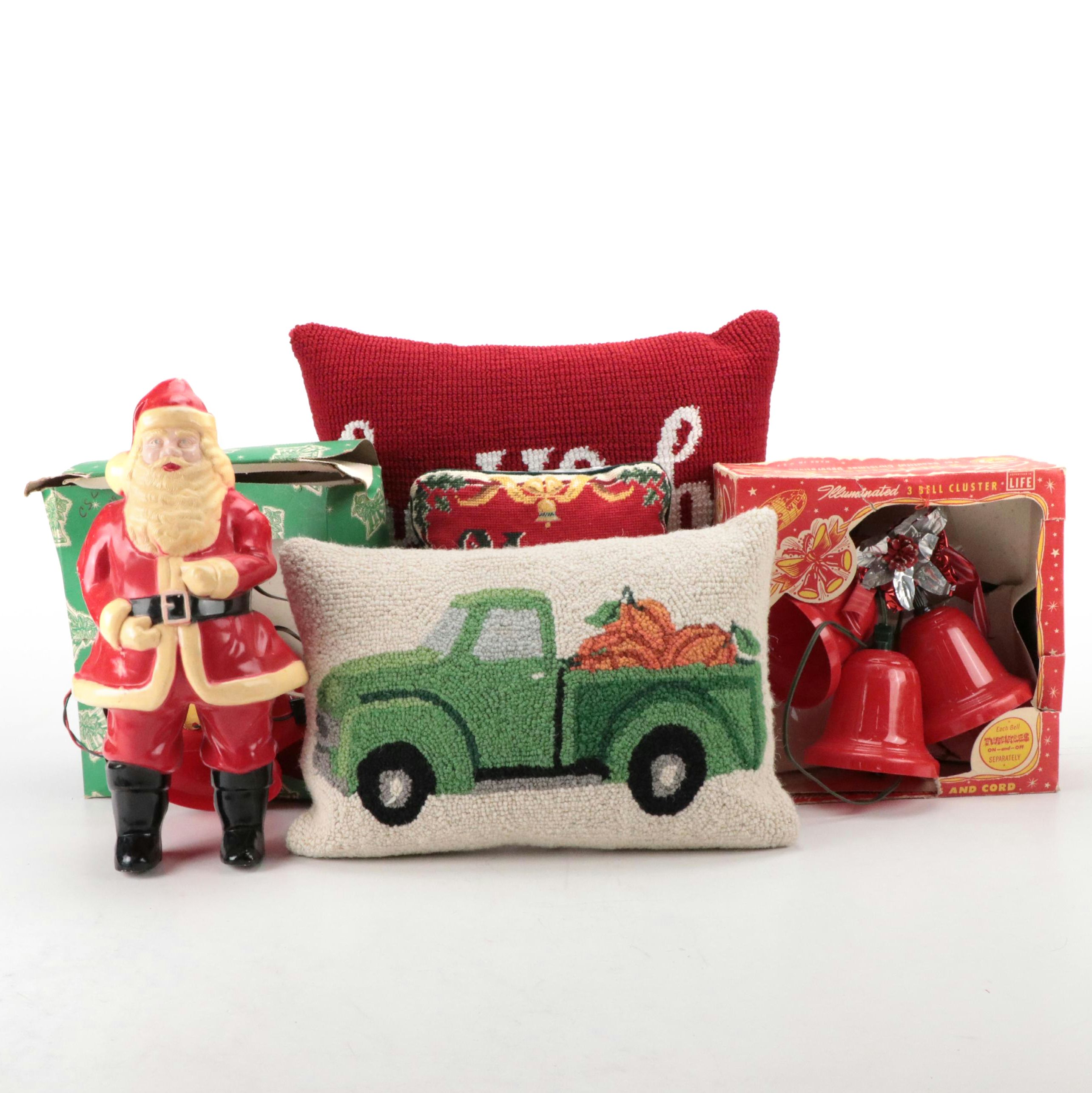 Illuminated Santa Figure and Christmas Bell Clusters with Holiday Accent Pillows