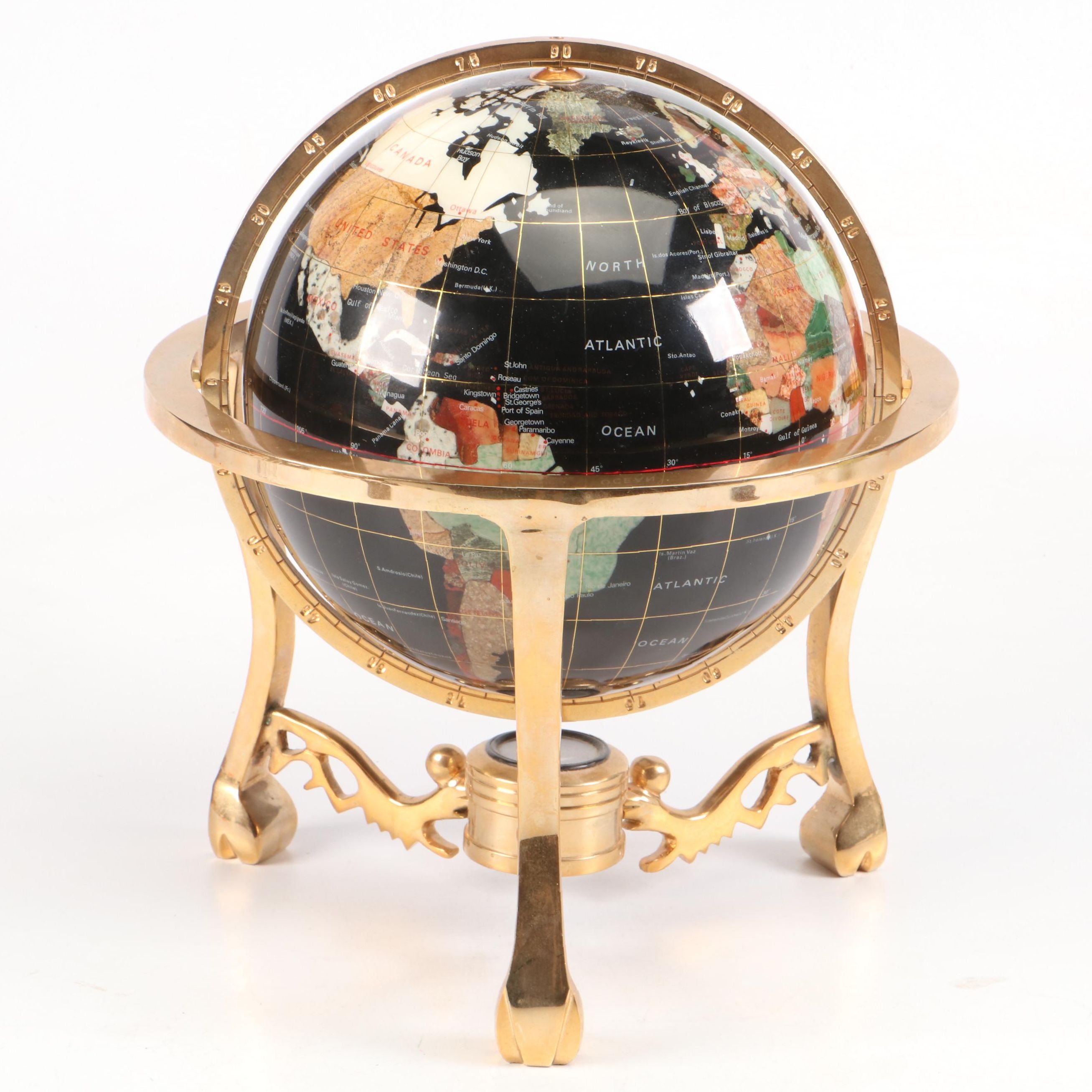 Abalone, Marble and Stone Inlay Globe on Brass Finish Metal Stand with Compass